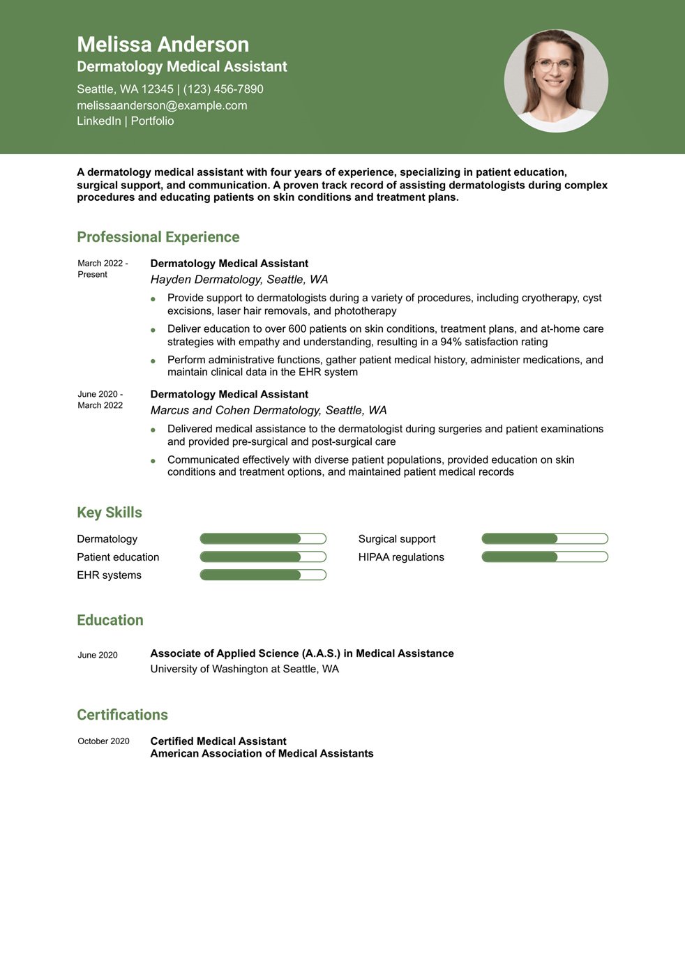 Dermatology Medical Assistant Resume Example