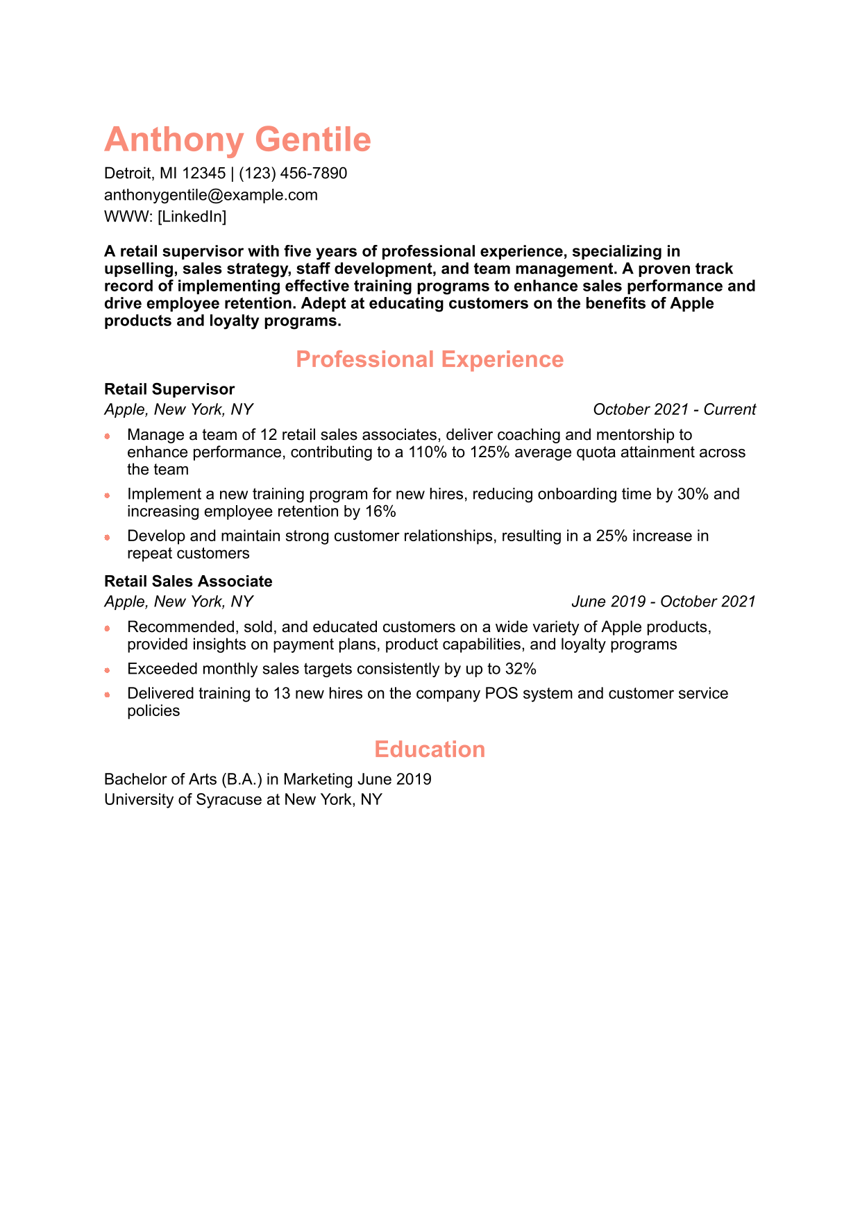 Apple Retail Supervisor Resume Example