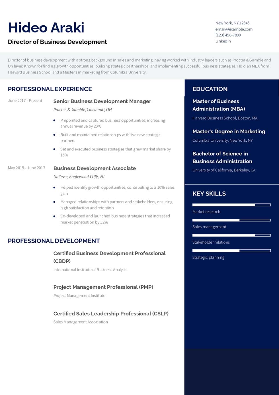 Director of Business Development Resume Example