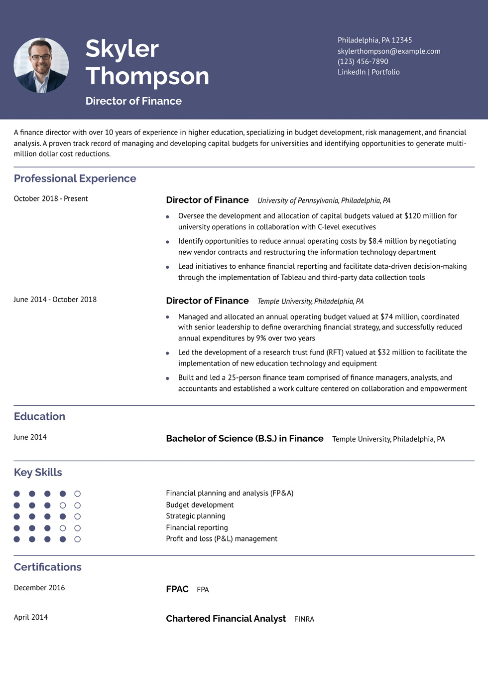 Director of Finance Resume Example