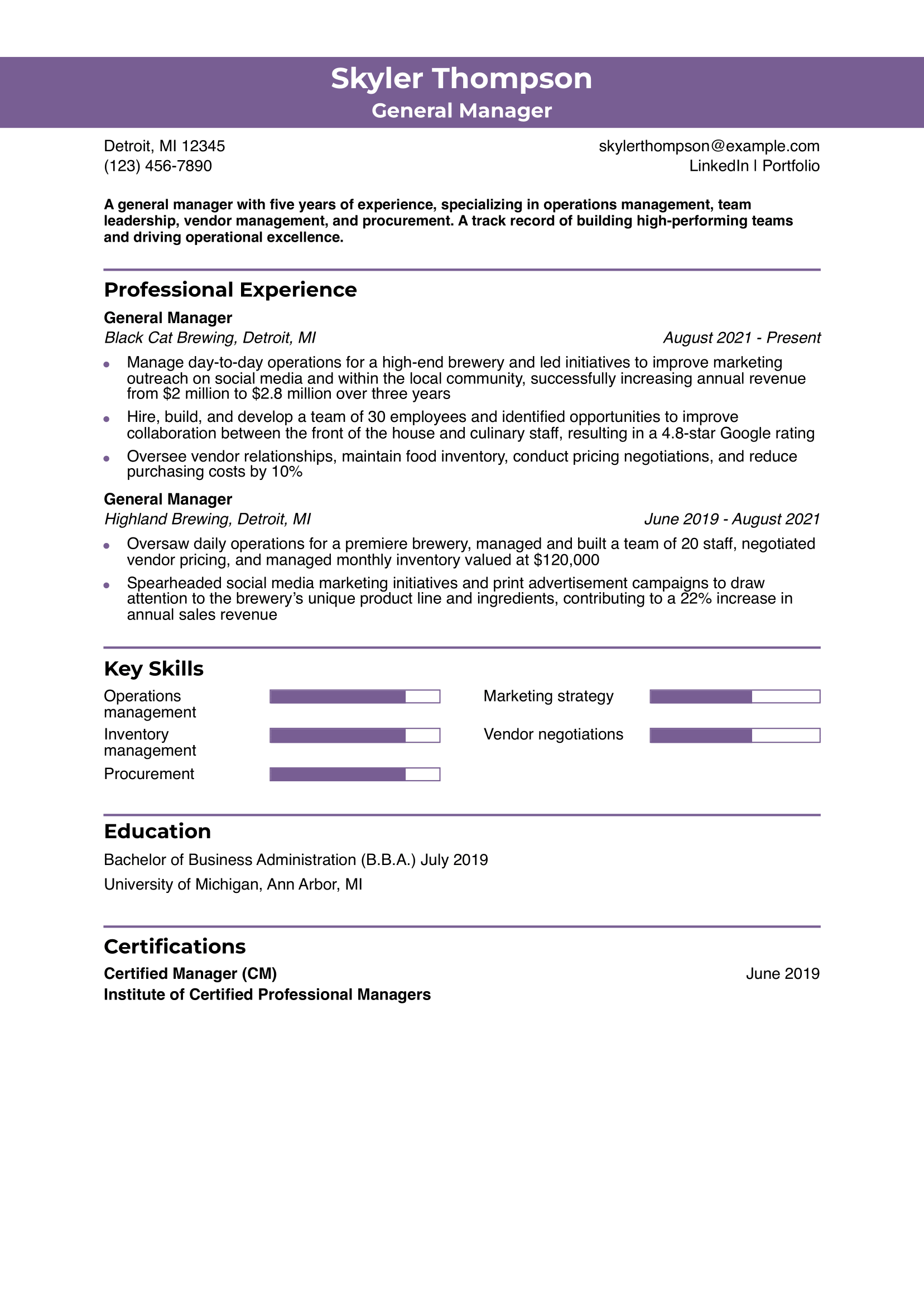 General Manager Resume Example