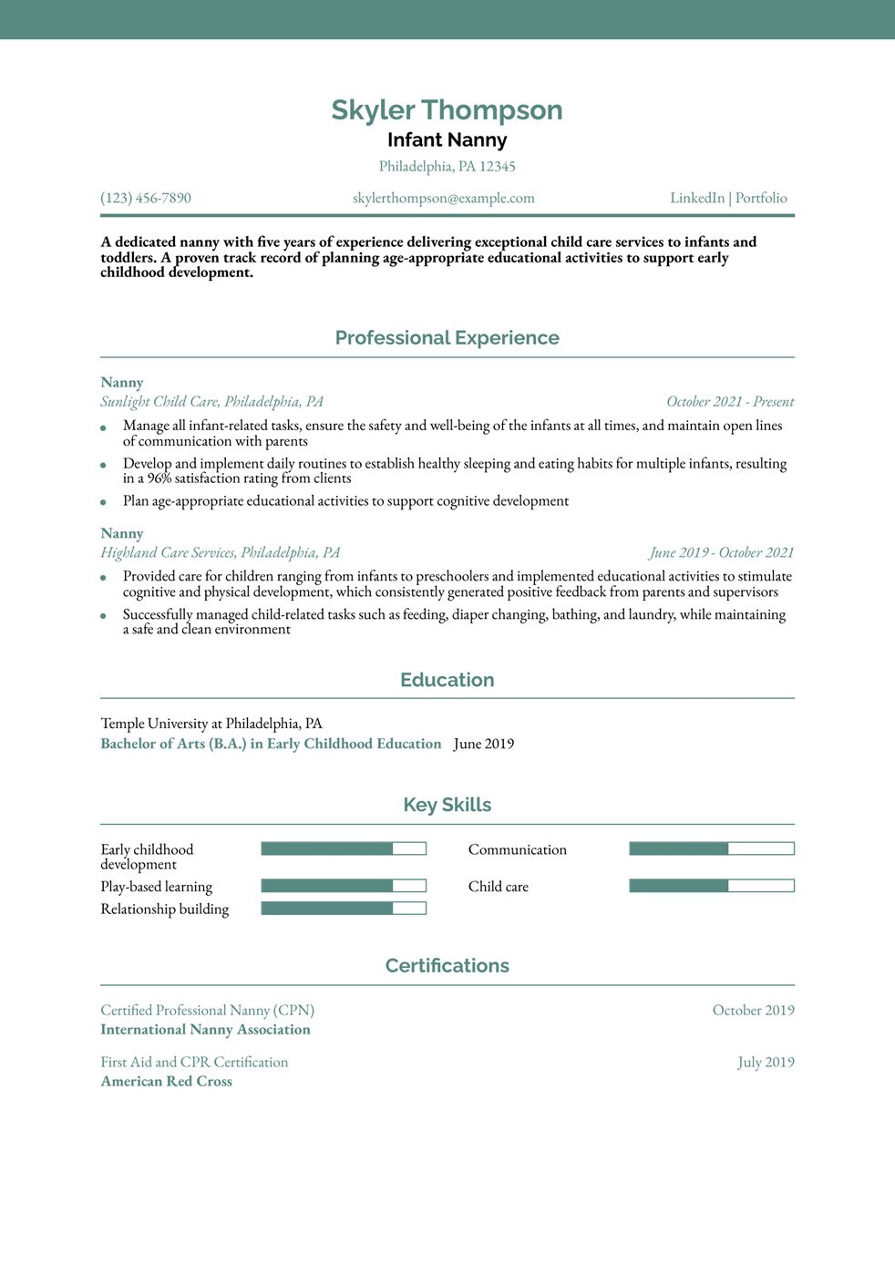 Infant Nanny Resume Example