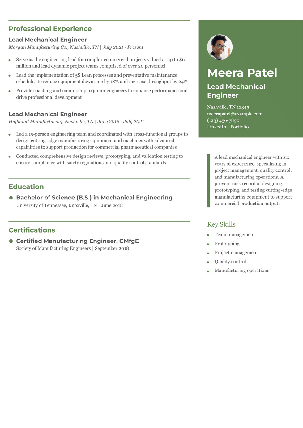 Lead Mechanical Engineer Resume Example