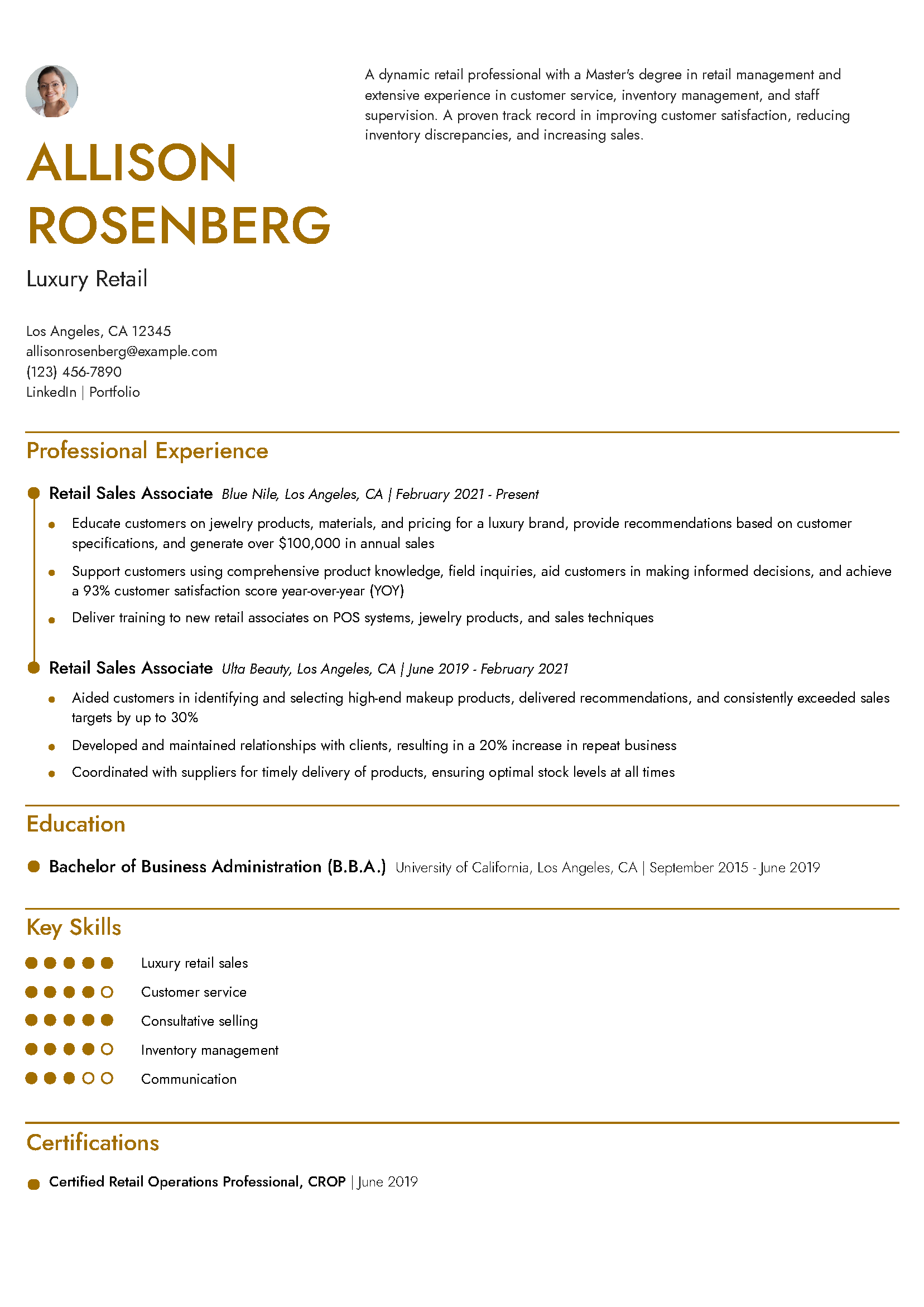 Luxury Retail Resume Example