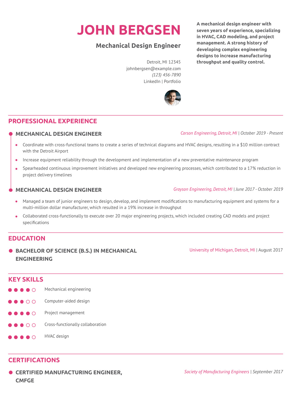 Mechanical Design Engineer Resume Example