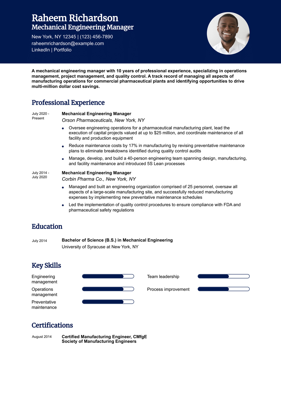 Mechanical Engineering Manager Resume Example