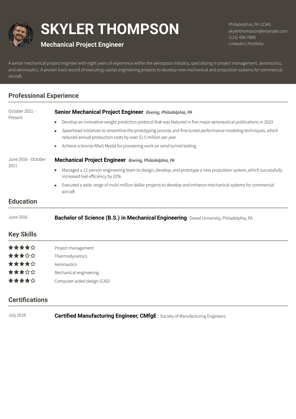 Mechanical Project Engineer Resume Example