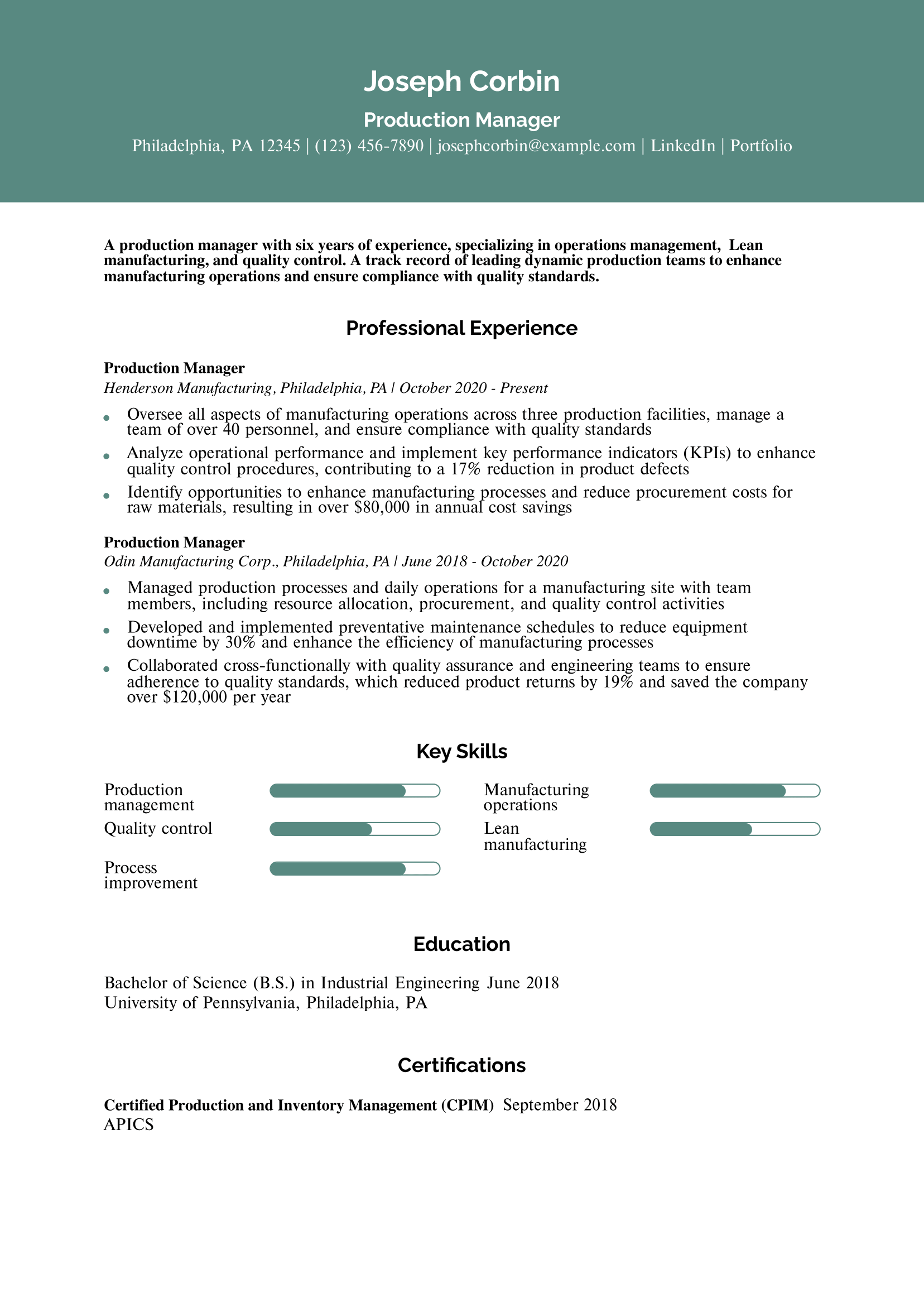 Production Manager Resume Example