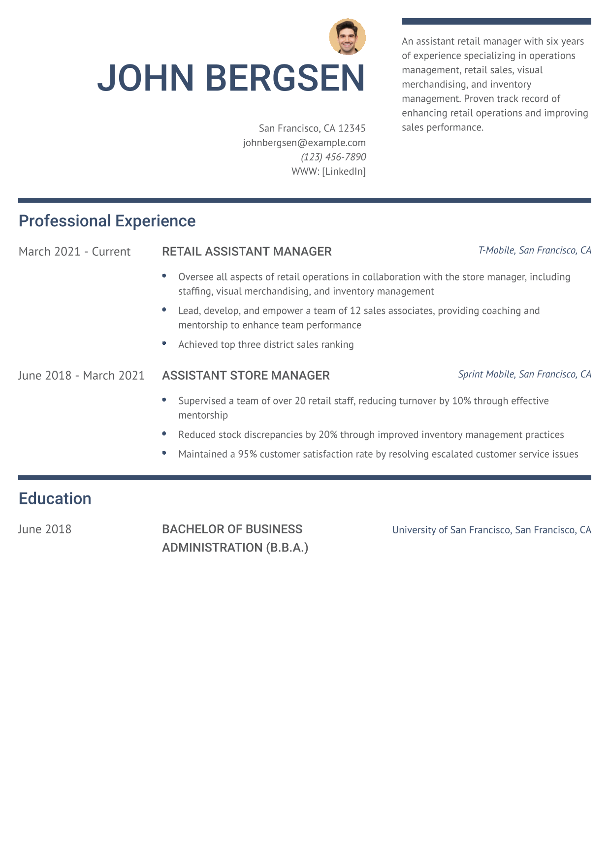 Retail Assistant Manager Resume Example