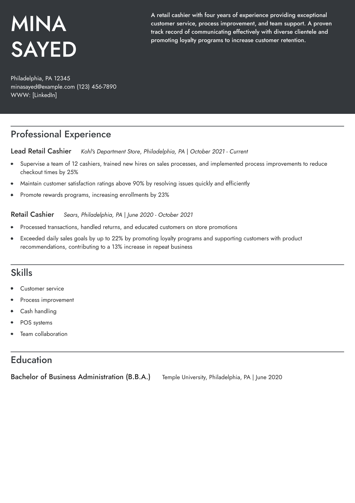 Retail Cashier Resume Example