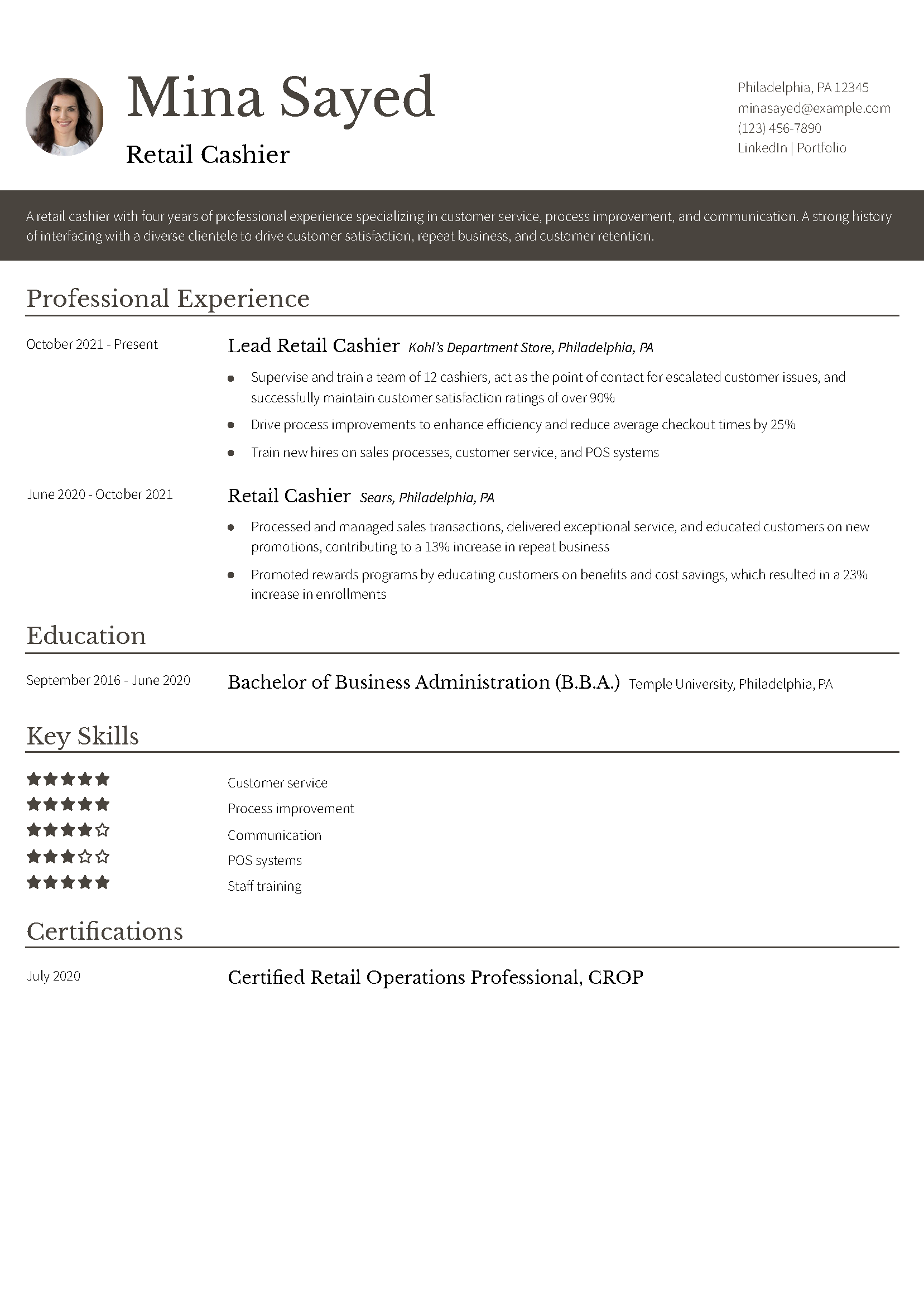 Retail Cashier Resume Example