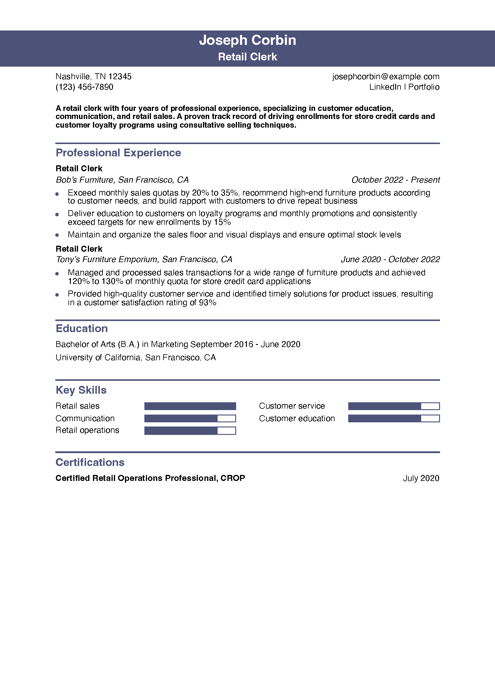 Retail Clerk Resume Example