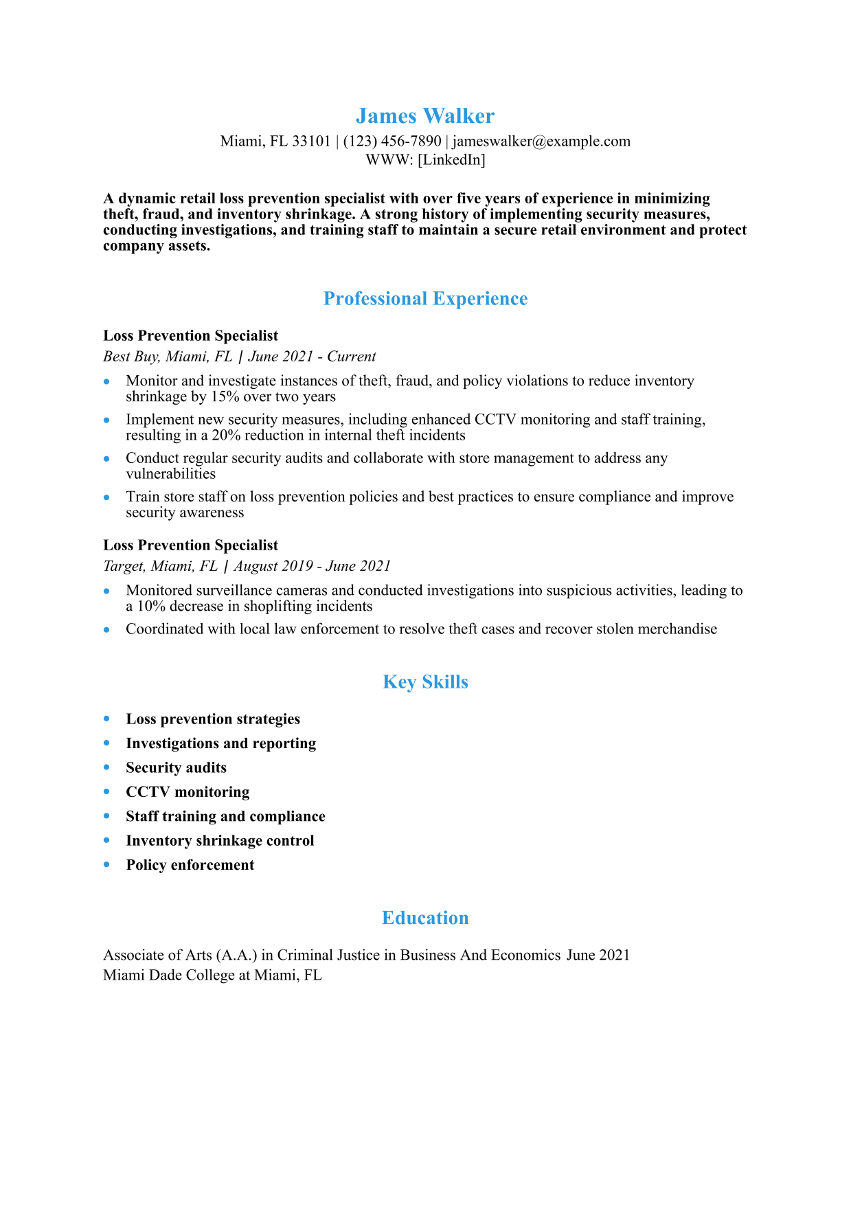 Retail Loss Prevention Specialist Resume Example