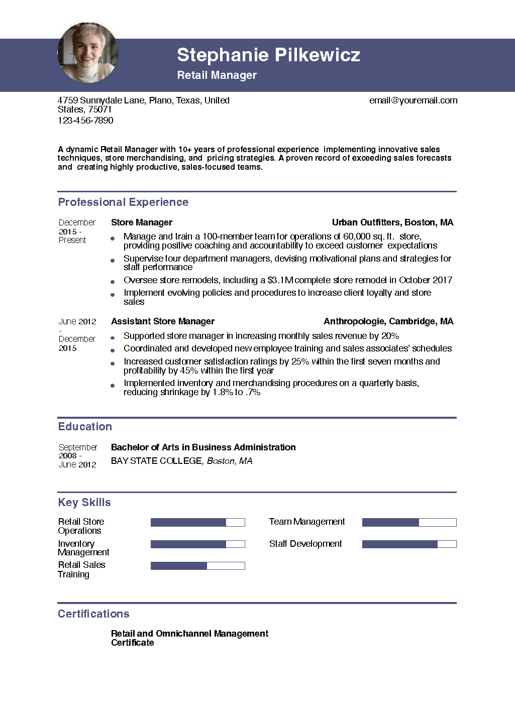 Retail Manager Resume Example