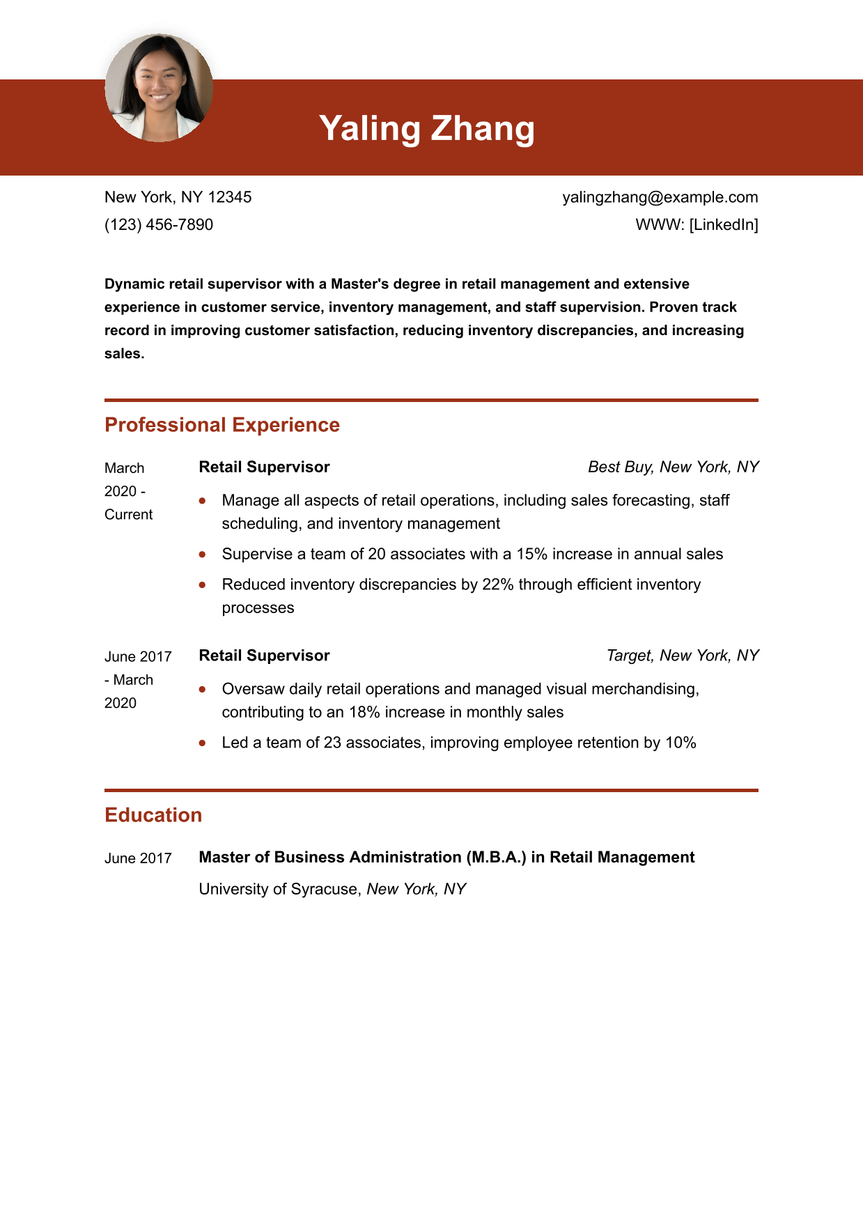 Retail Supervisor Resume Example