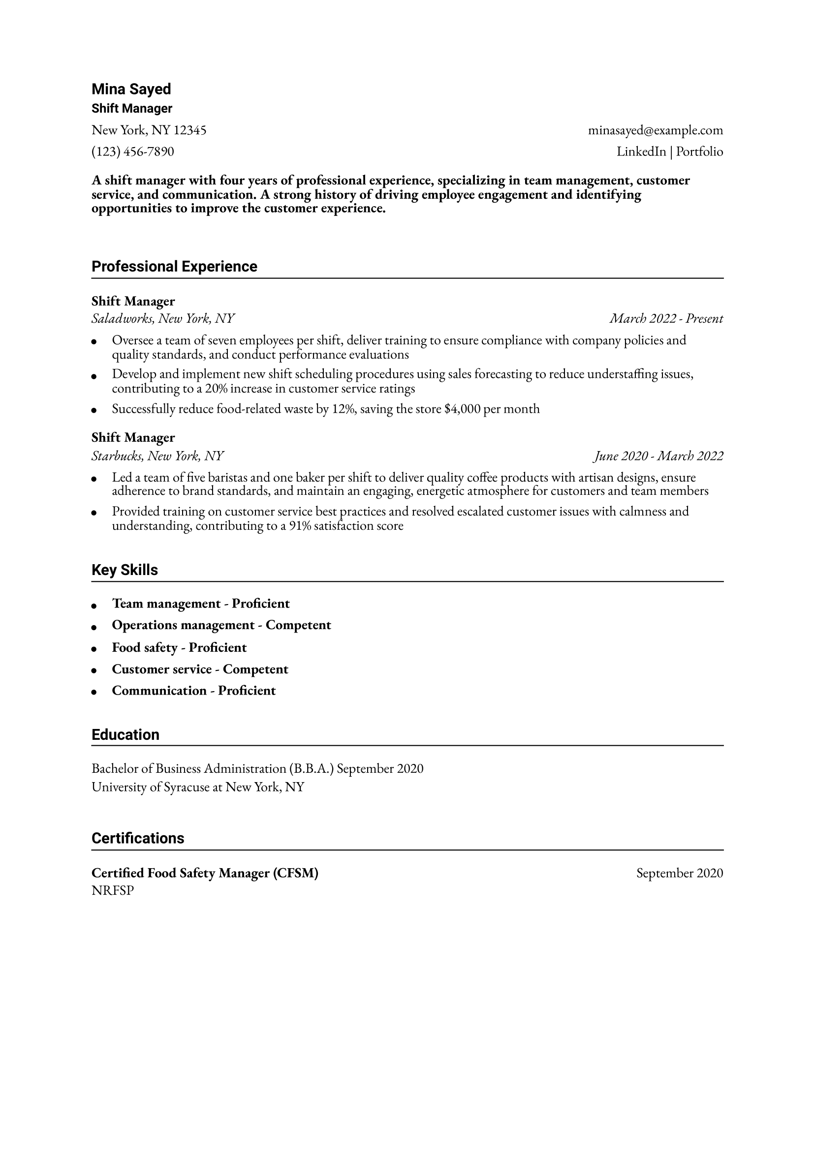 Shift Manager Resume Example