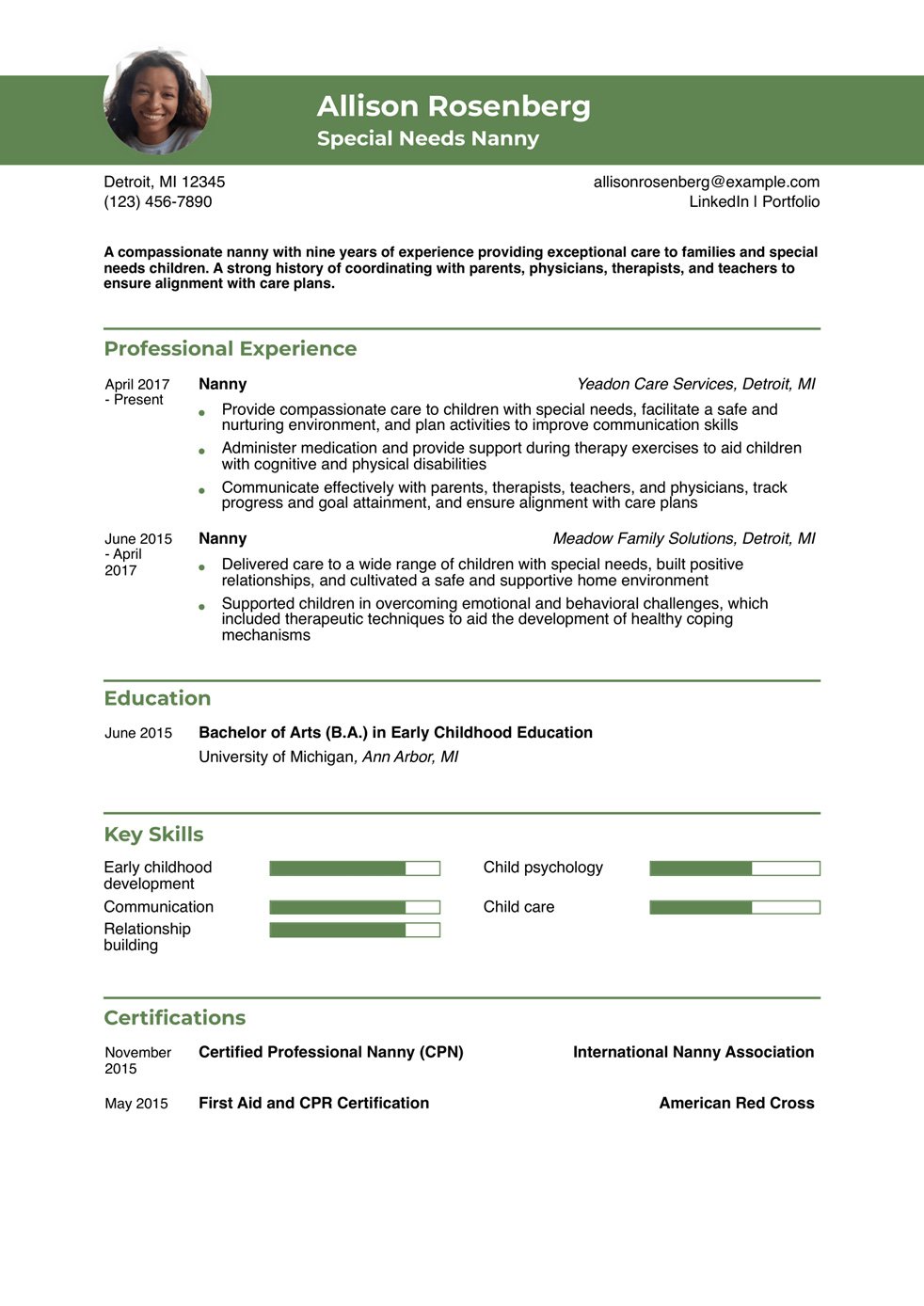 Special Needs Nanny Resume Example