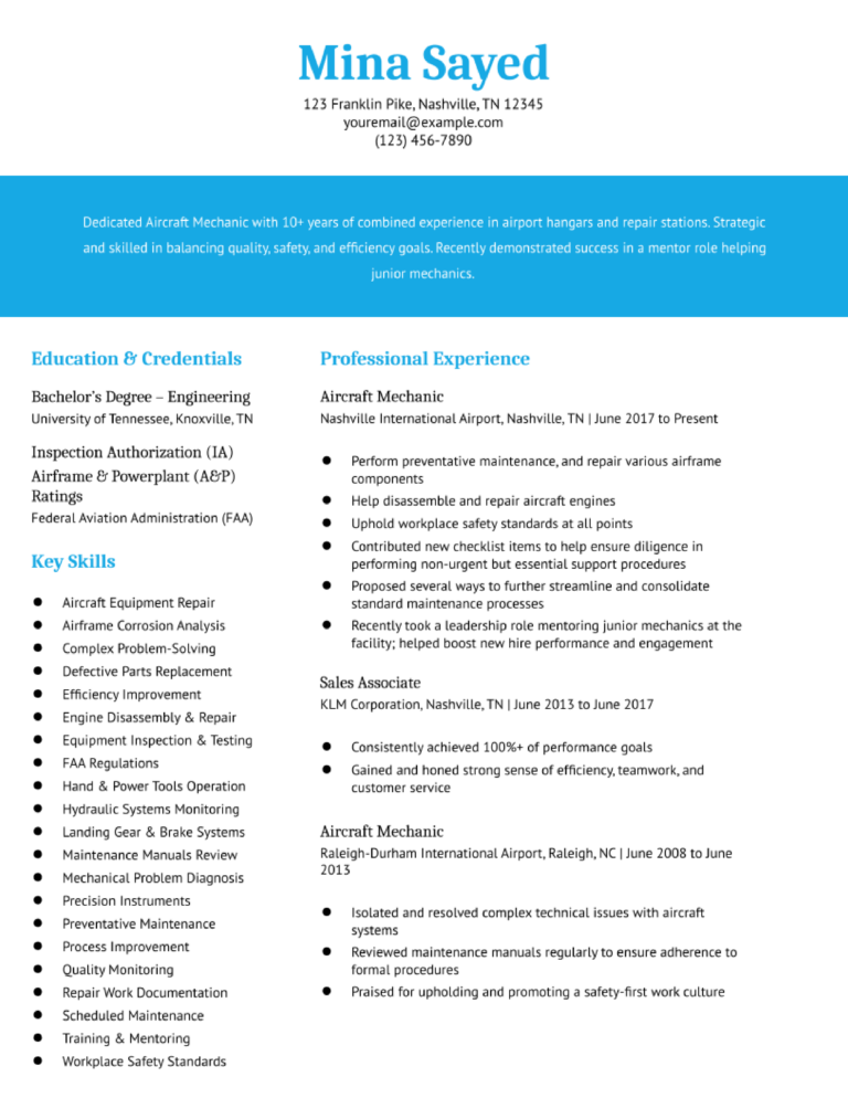 Aircraft Mechanic Resume Examples And Templates Banner Image 768x994 