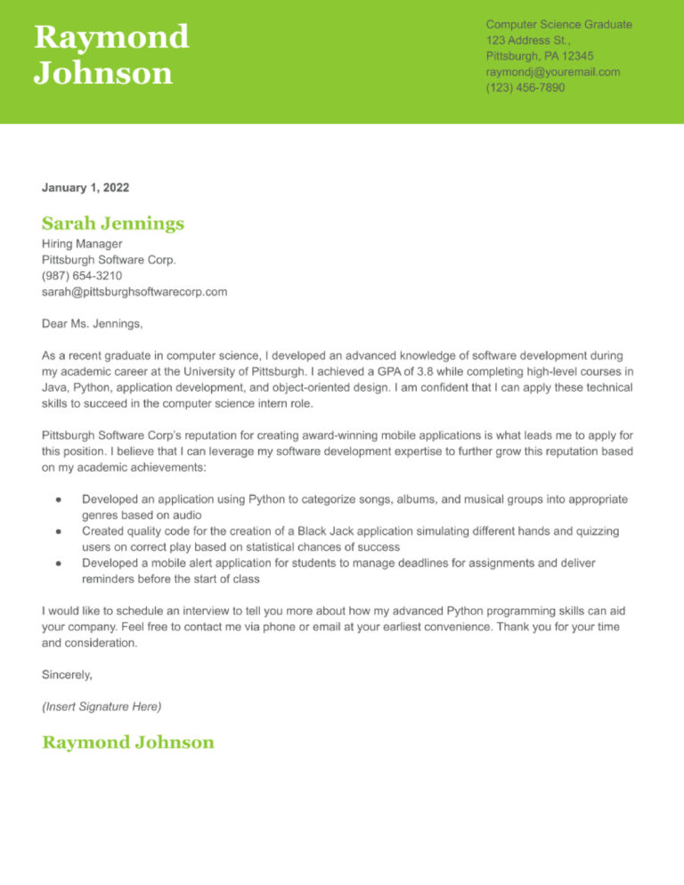 computer science intern cover letter