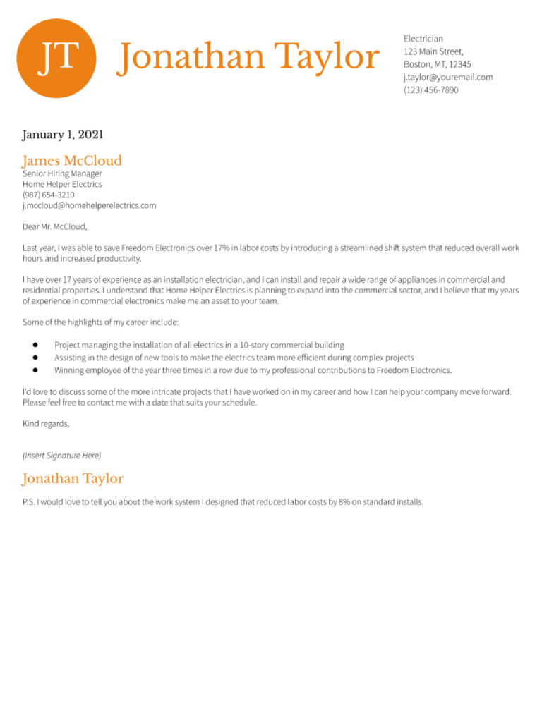 general cover letter electrician