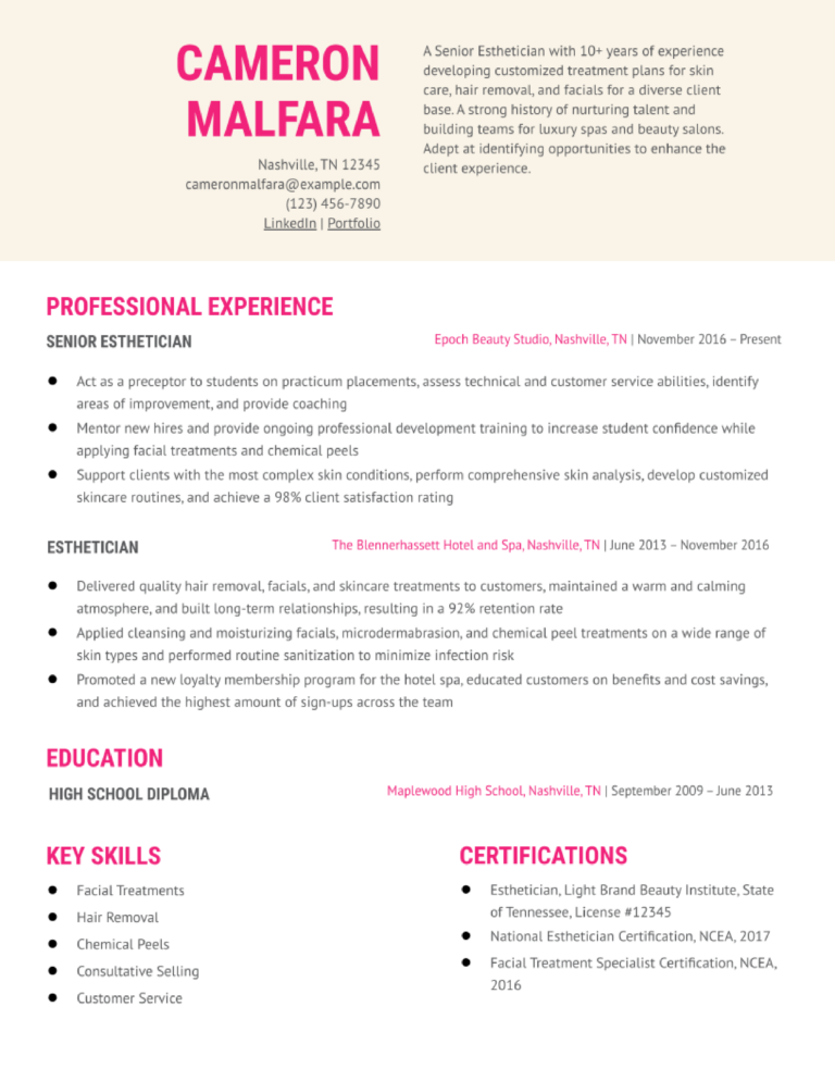 Esthetician Resume Examples And Templates For 2024 ResumeBuilder Com   Esthetician Resume Examples And Templates Banner Image 768x994 