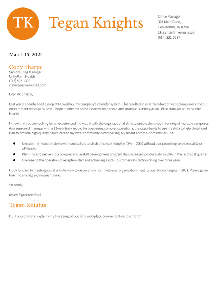 Office manager online cover letter