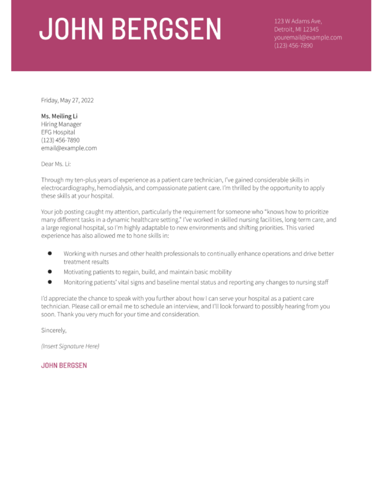 Patient Care Technician Cover Letter Examples And Templates For 2024   Patient Care Technician Cover Letter Examples And Templates Banner Image 768x994 