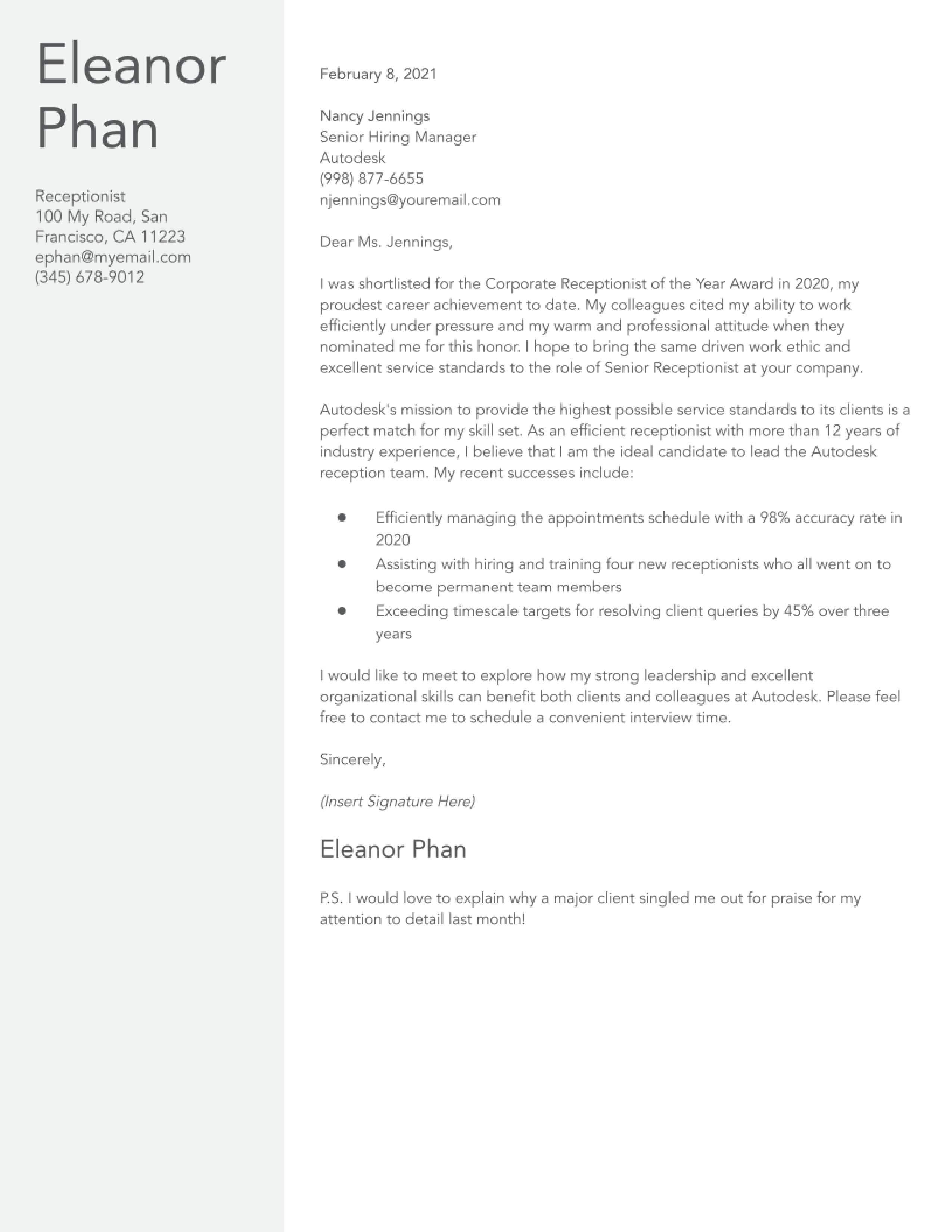 Receptionist Cover Letter Examples and Templates for 2024