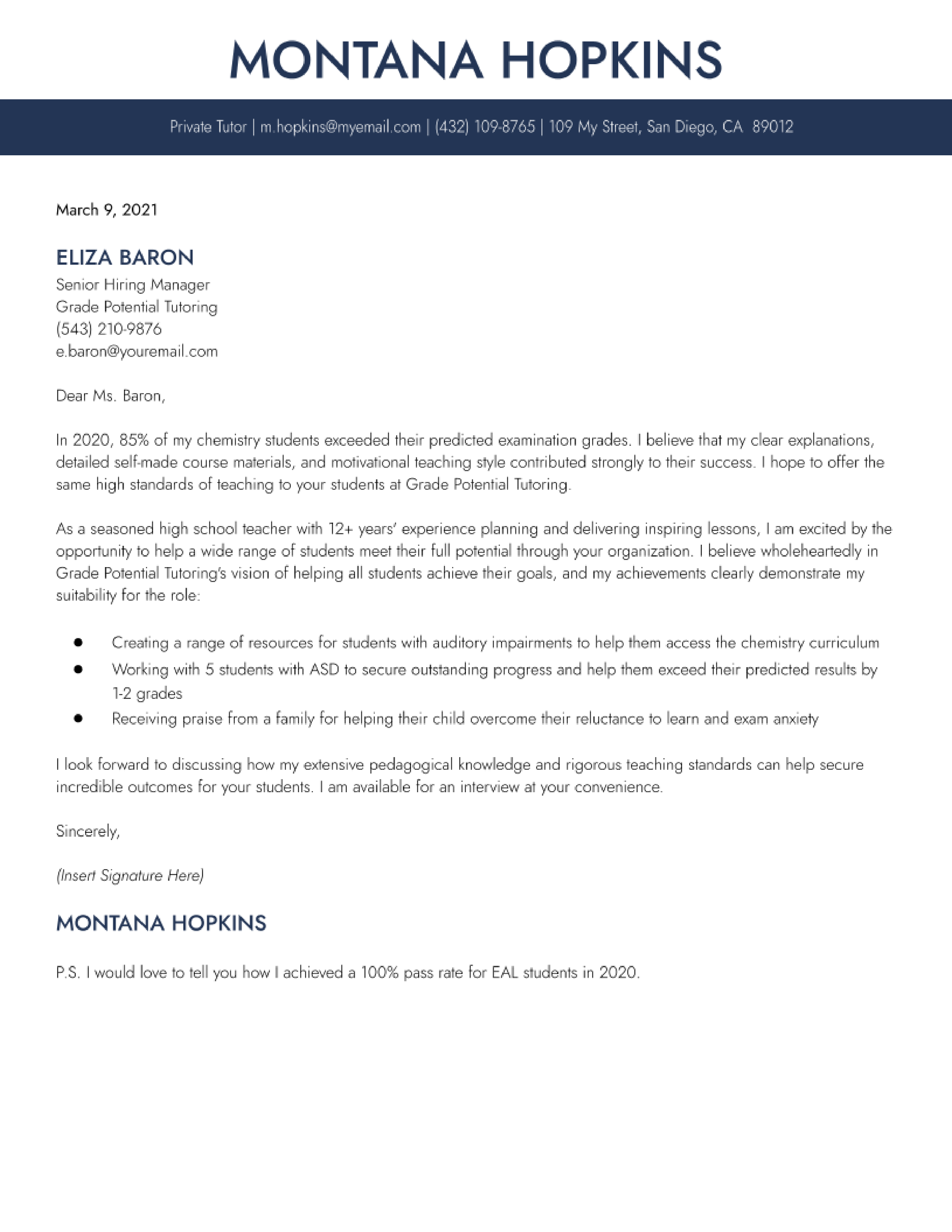 Tutor Cover Letter Examples and Templates for 2024