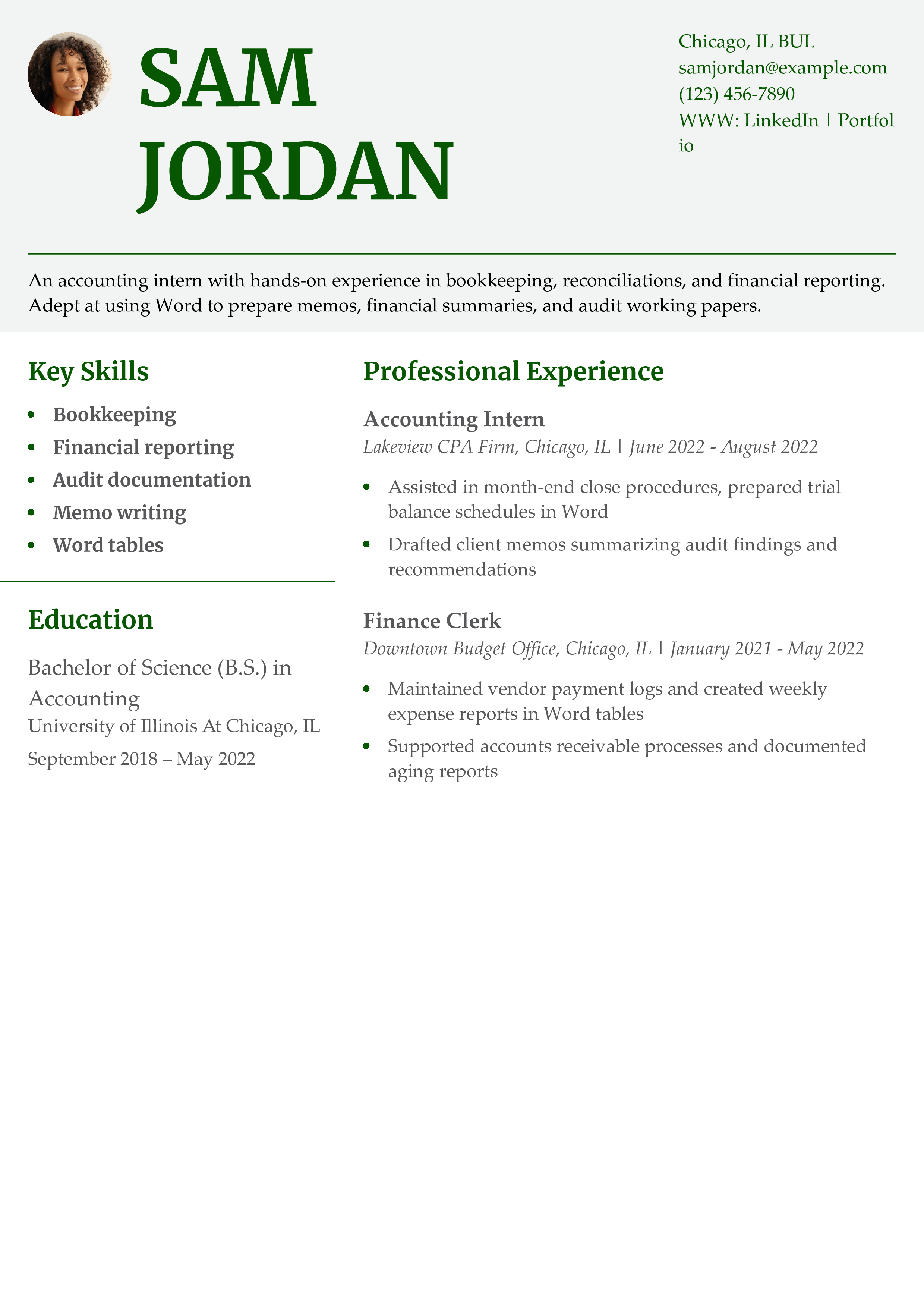 Accounting Intern Word Resume Example