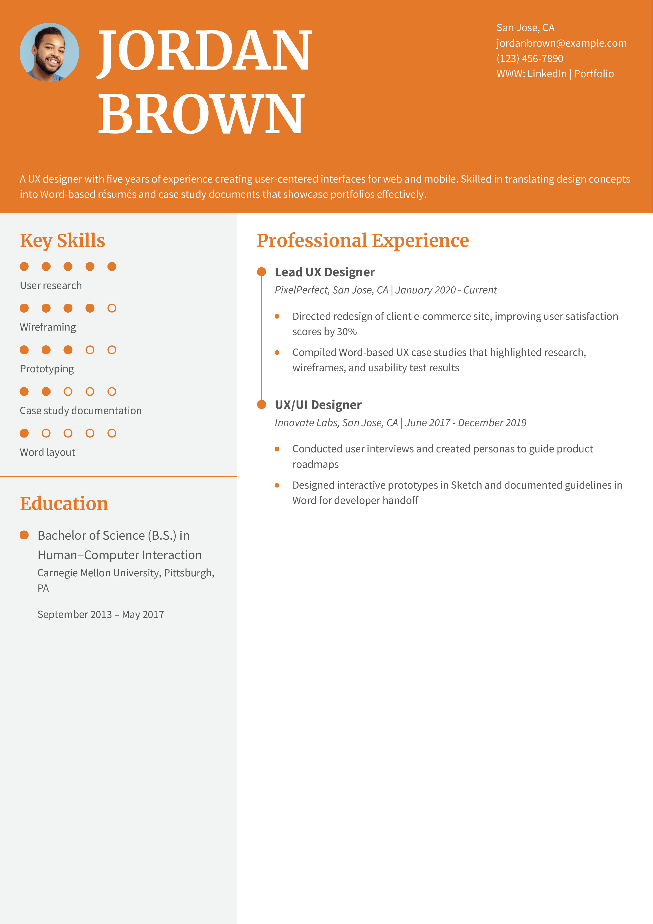 Contemporary UX Designer Word Resume Example