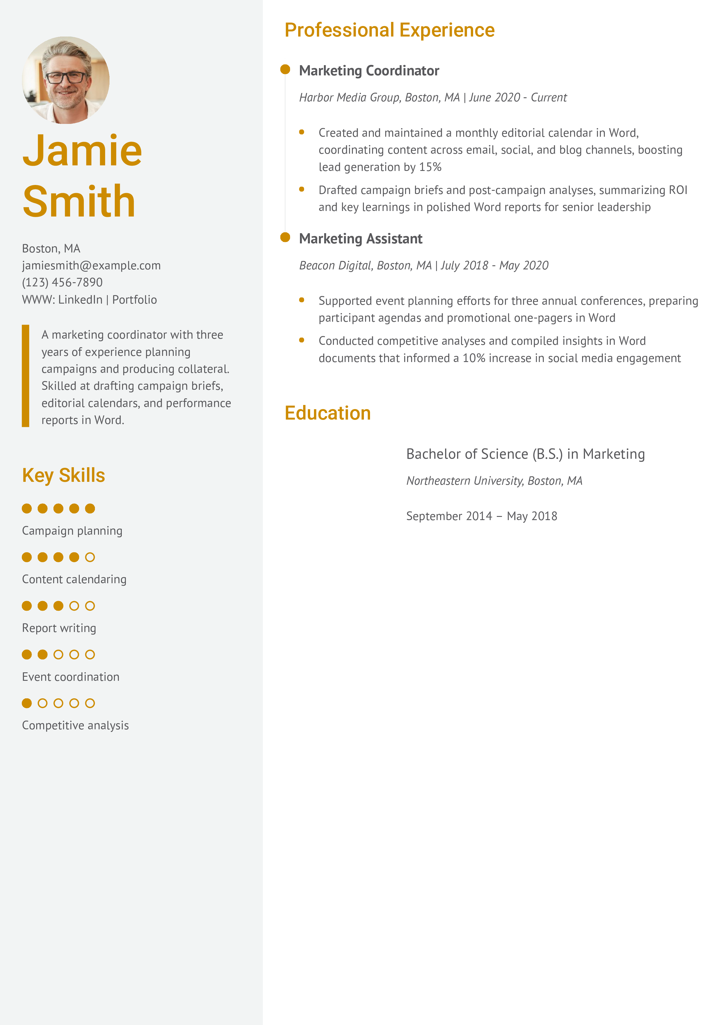 Marketing Coordinator Word Resume Example