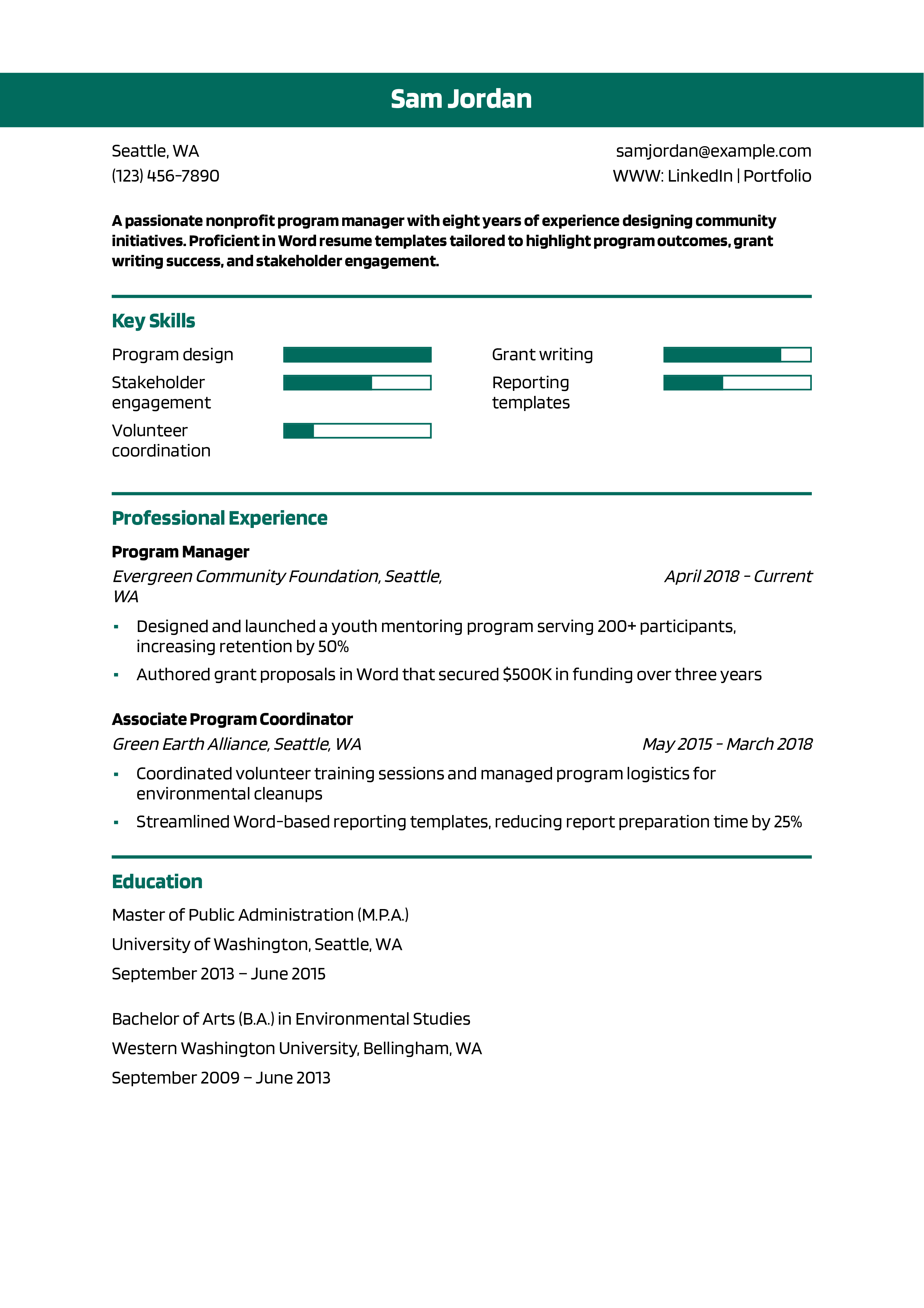 Nonprofit Program Manager Word Resume Example