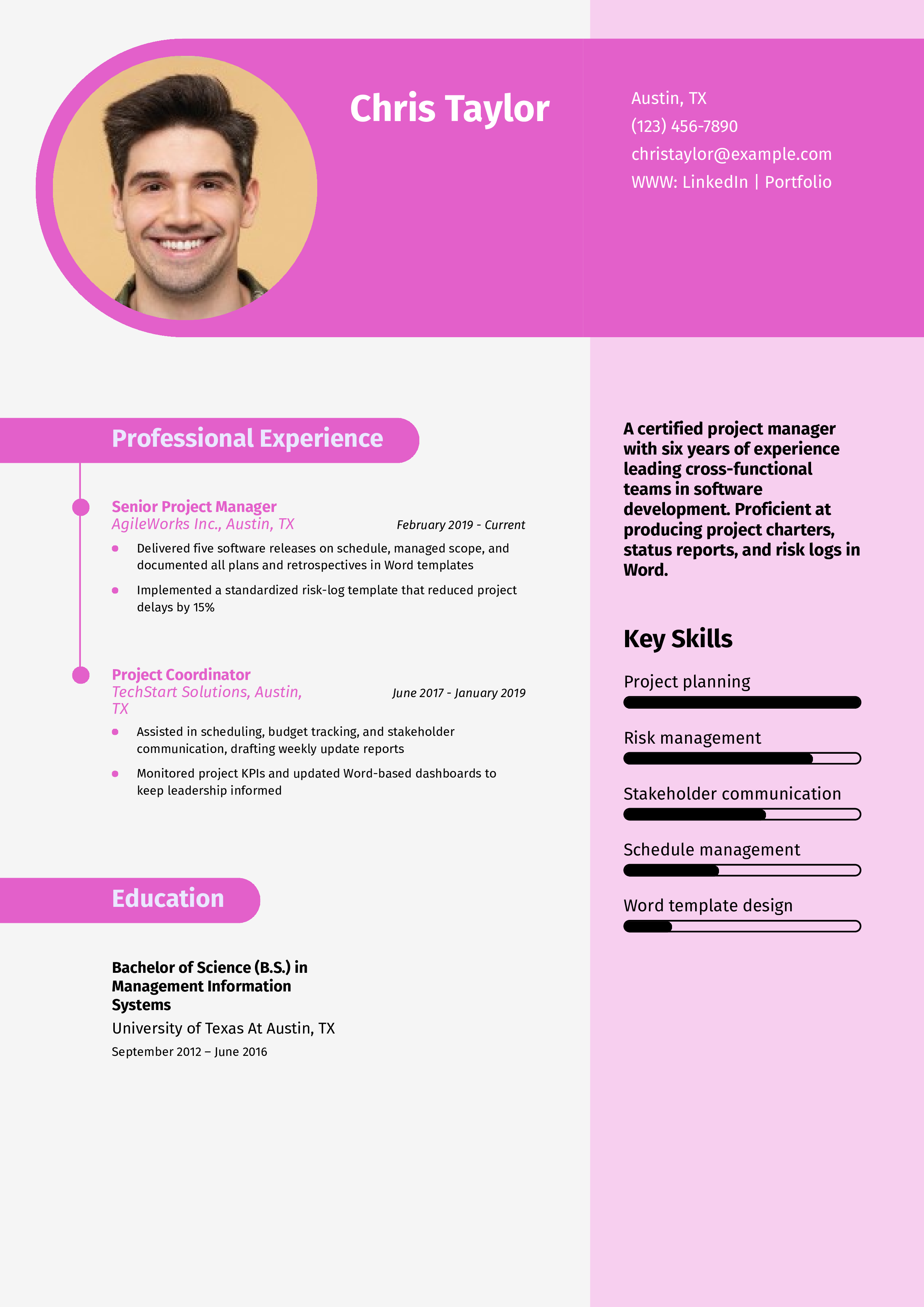 Project Manager Word Resume Example