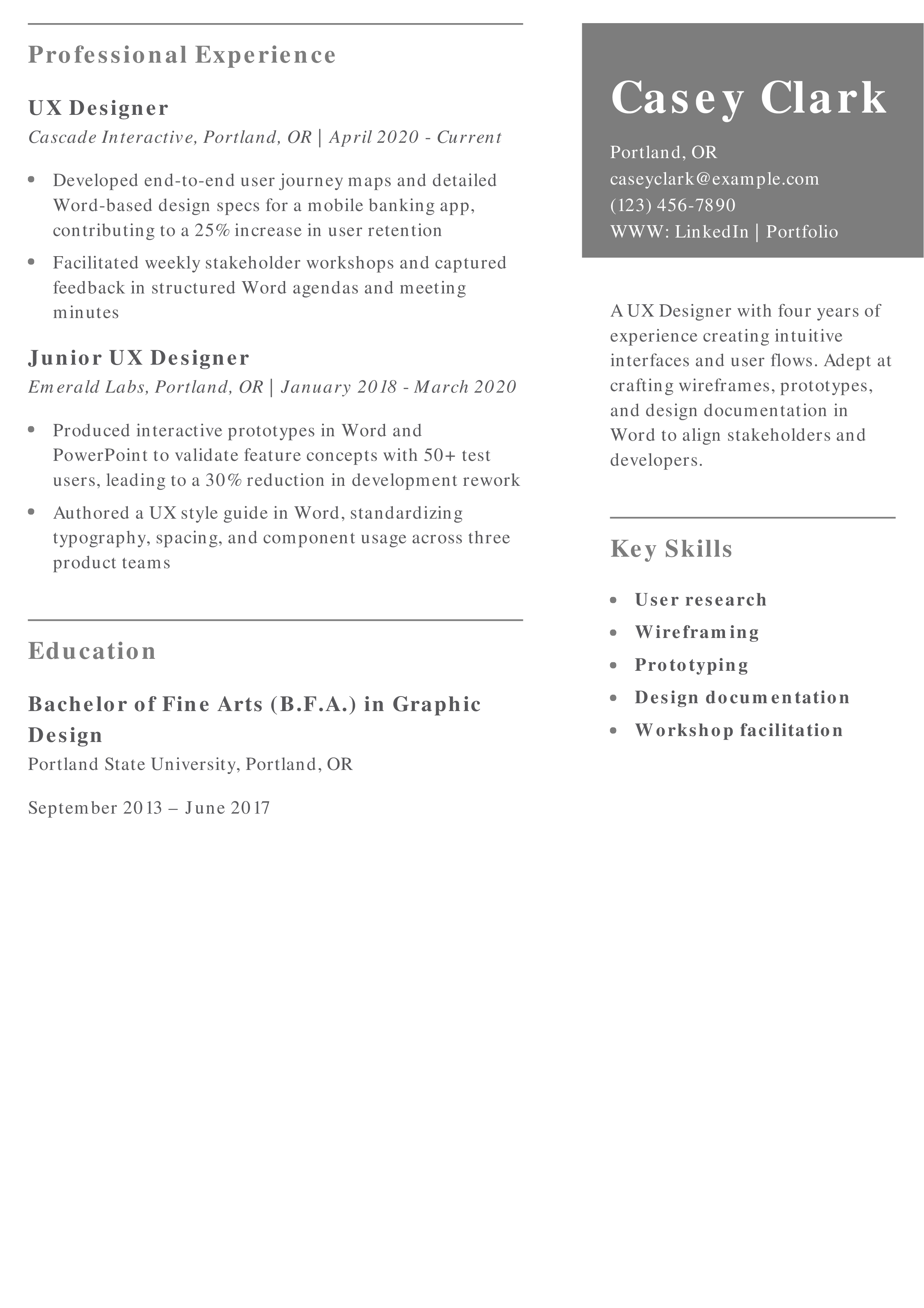 UX Designer Word Resume Example