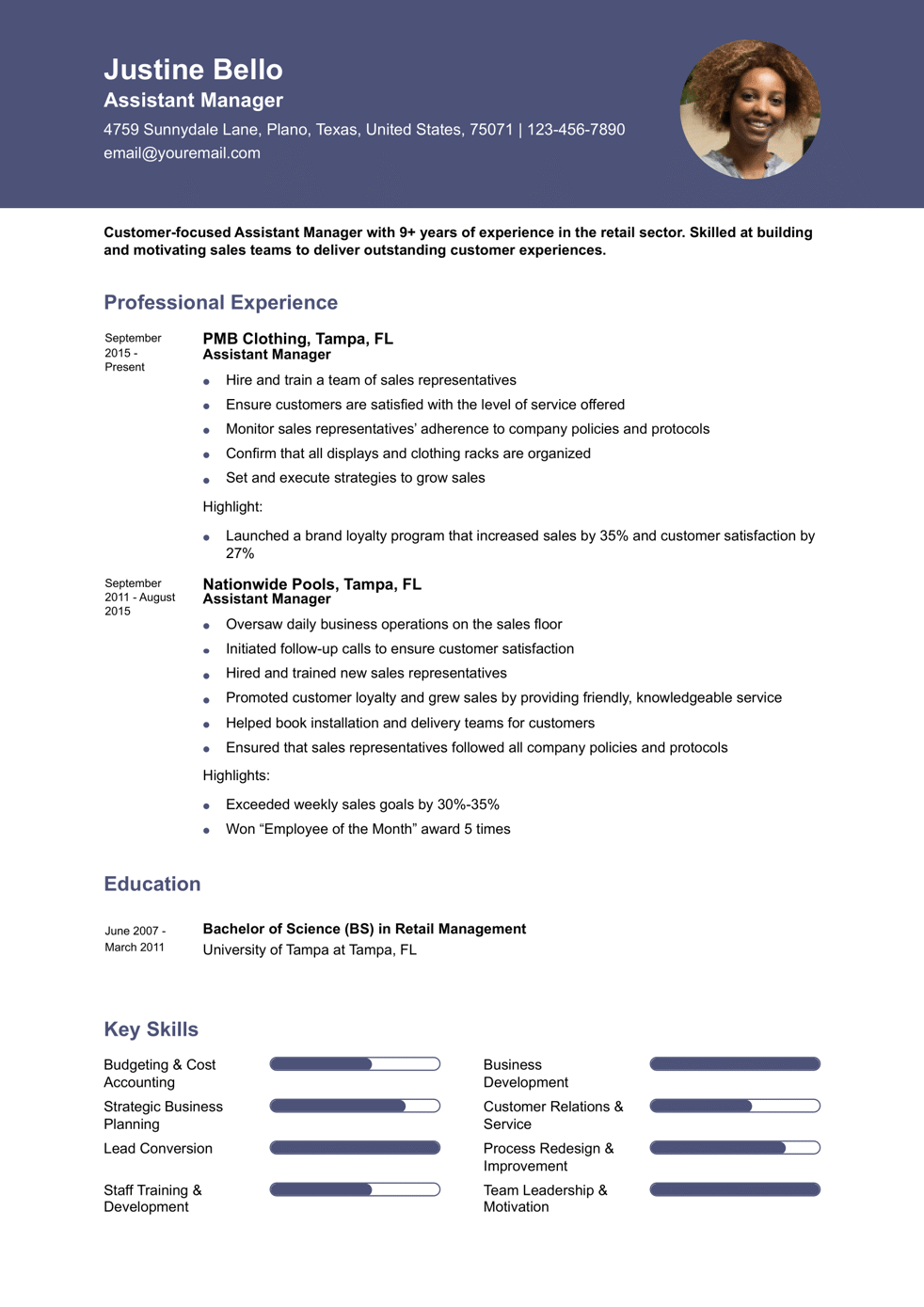 Assistant Manager Resume Example