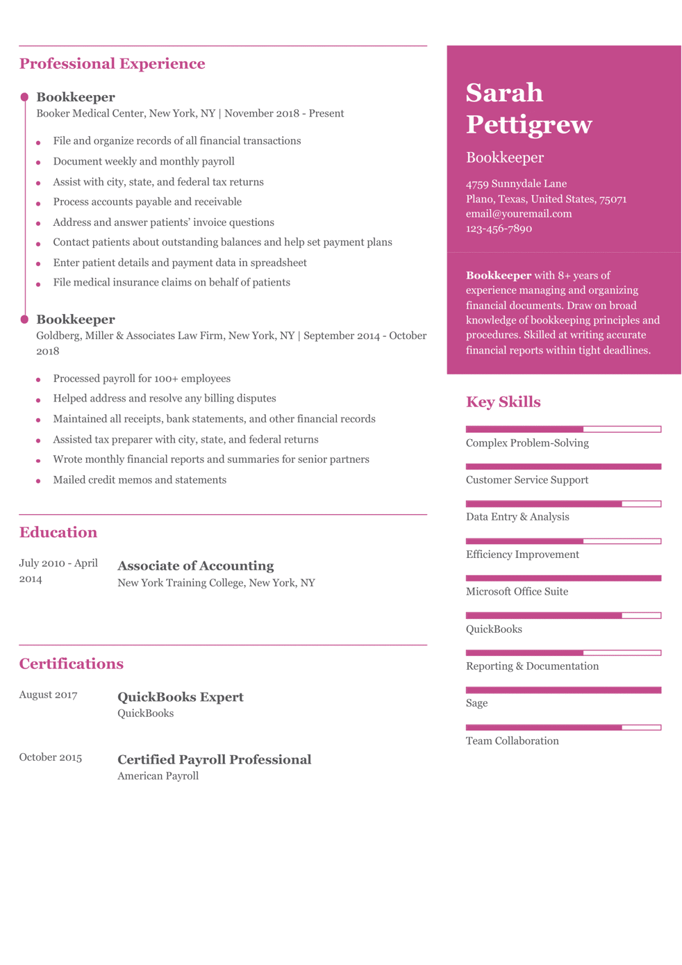 Bookkeeper Resume Example