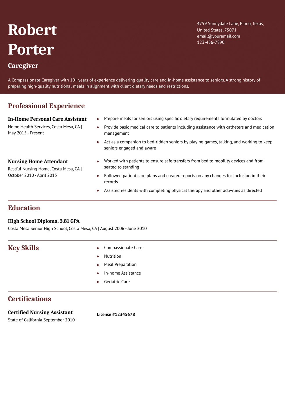 Caregiver Resume Example