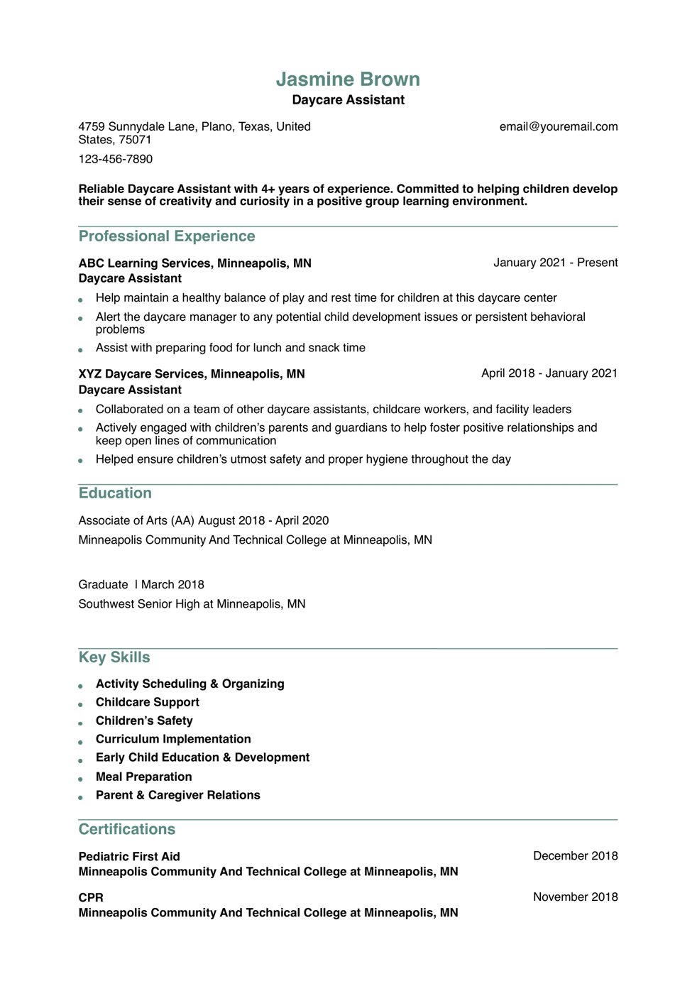 Daycare Assistant Resume Example