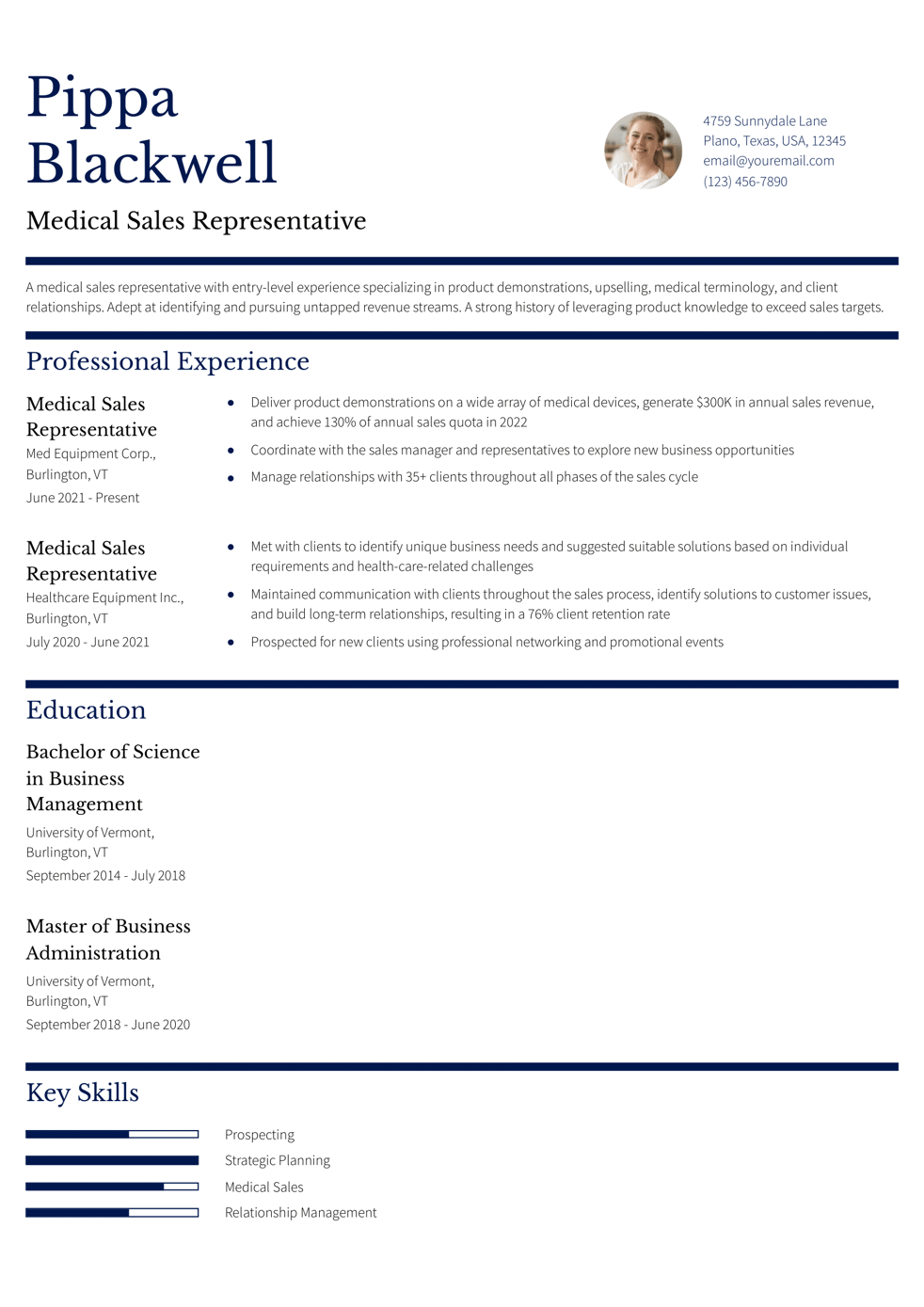 Entry-Level Medical Sales Representative Resume Example