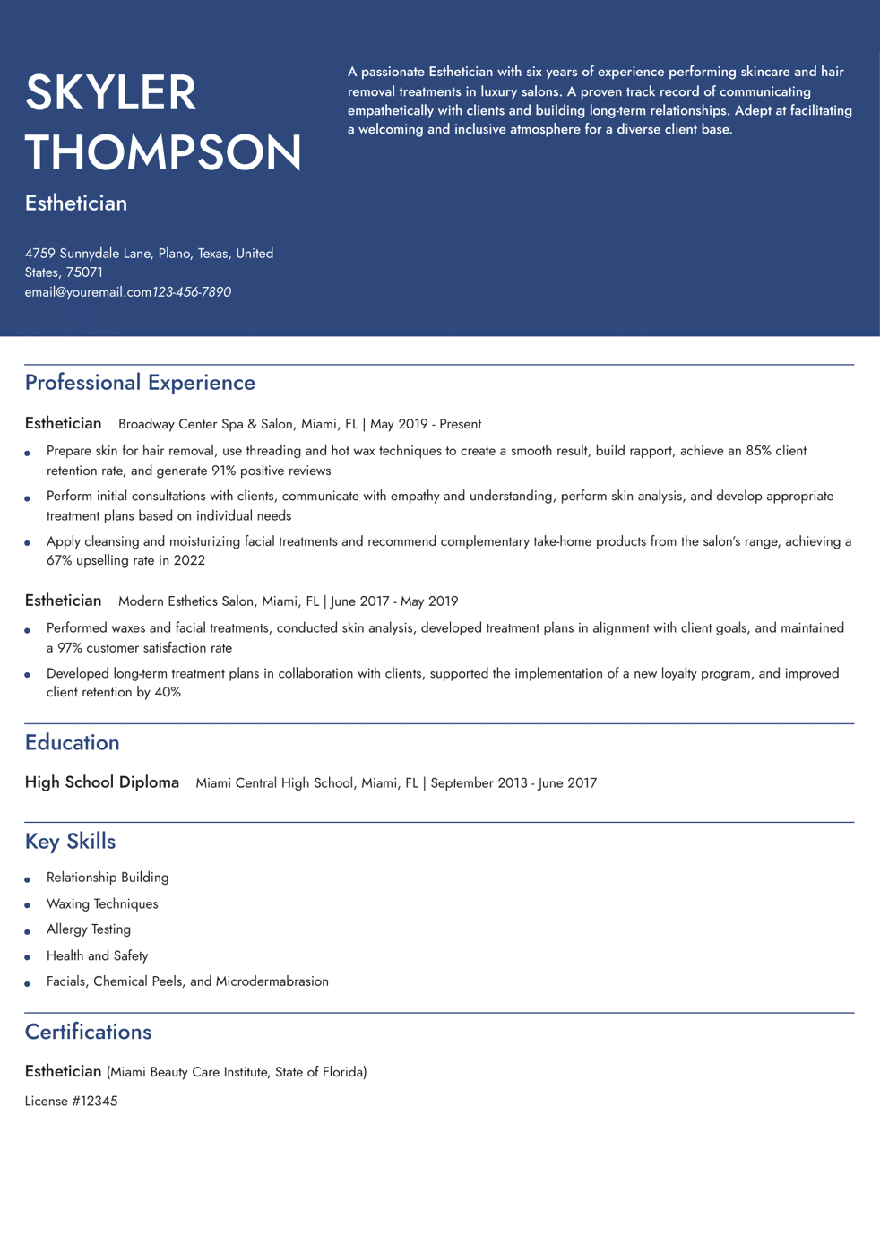 Esthetician Resume Example