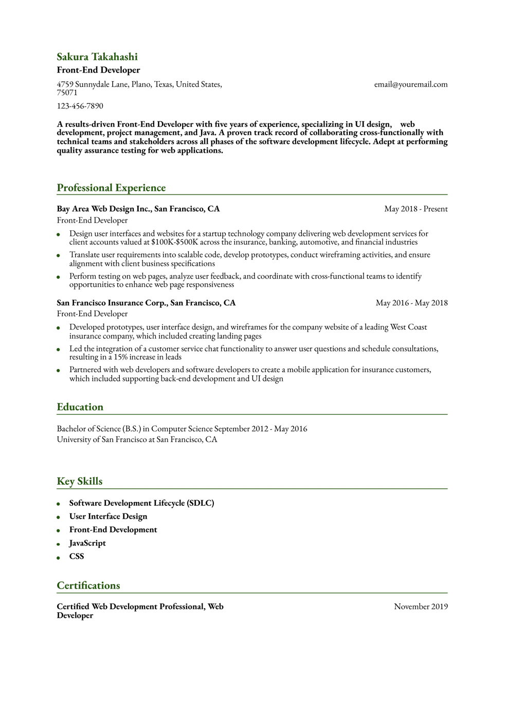 Front-End Developer Resume Example