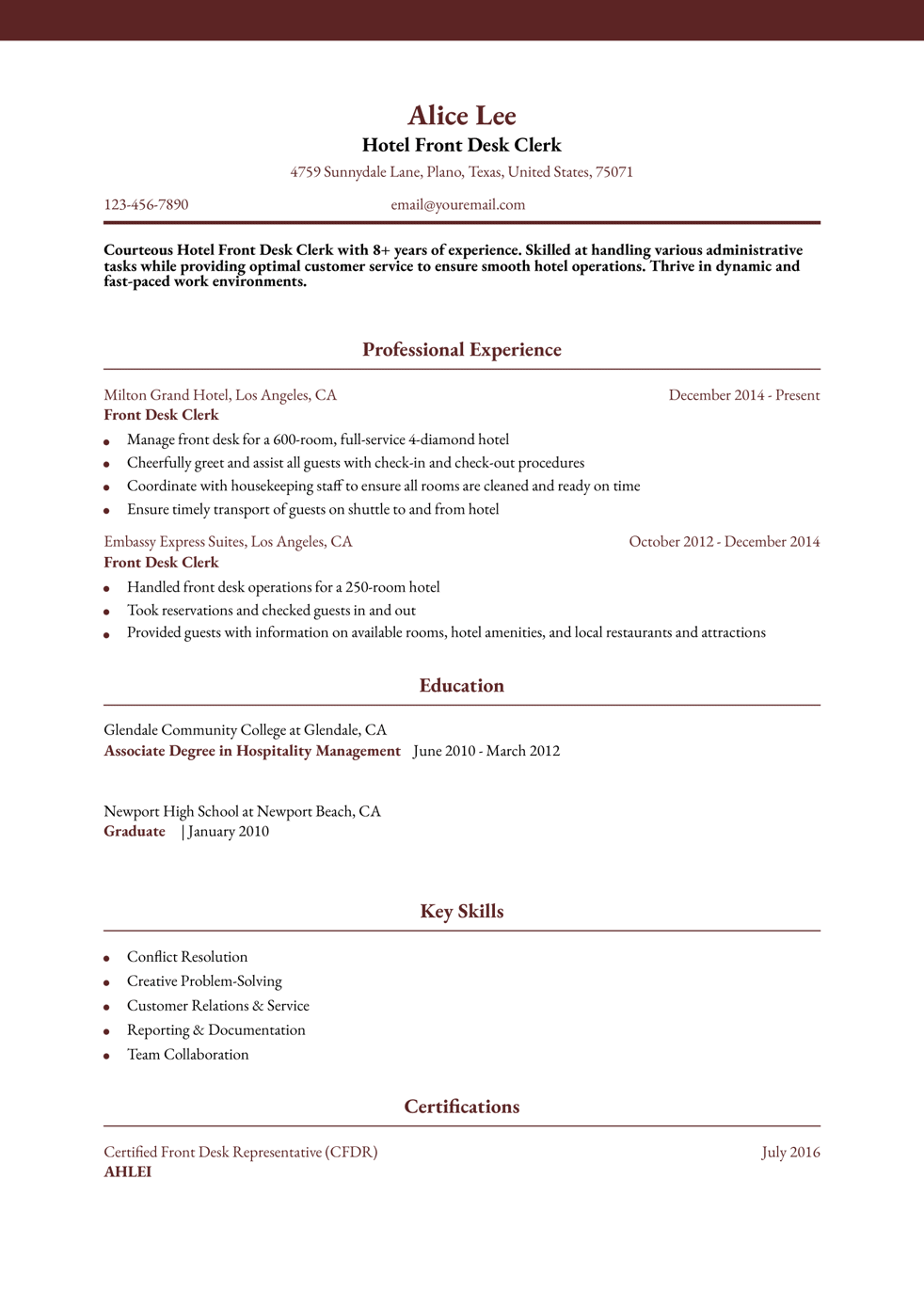 Hospitality Hotel Front Desk Resume Examples and Templates for 