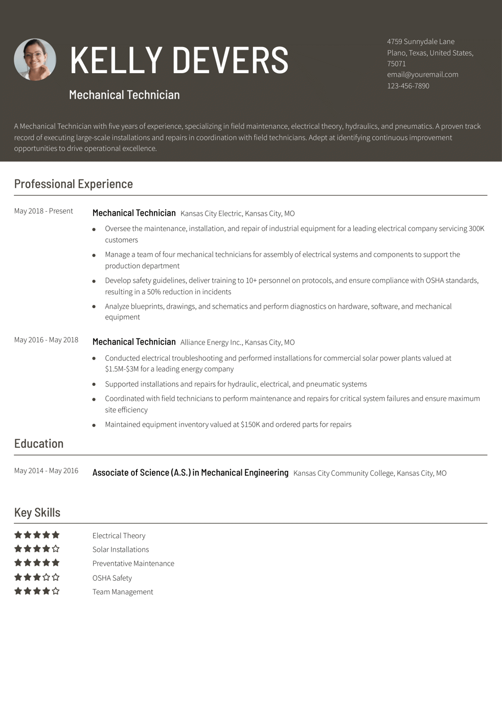 Mechanical Technician Resume Example