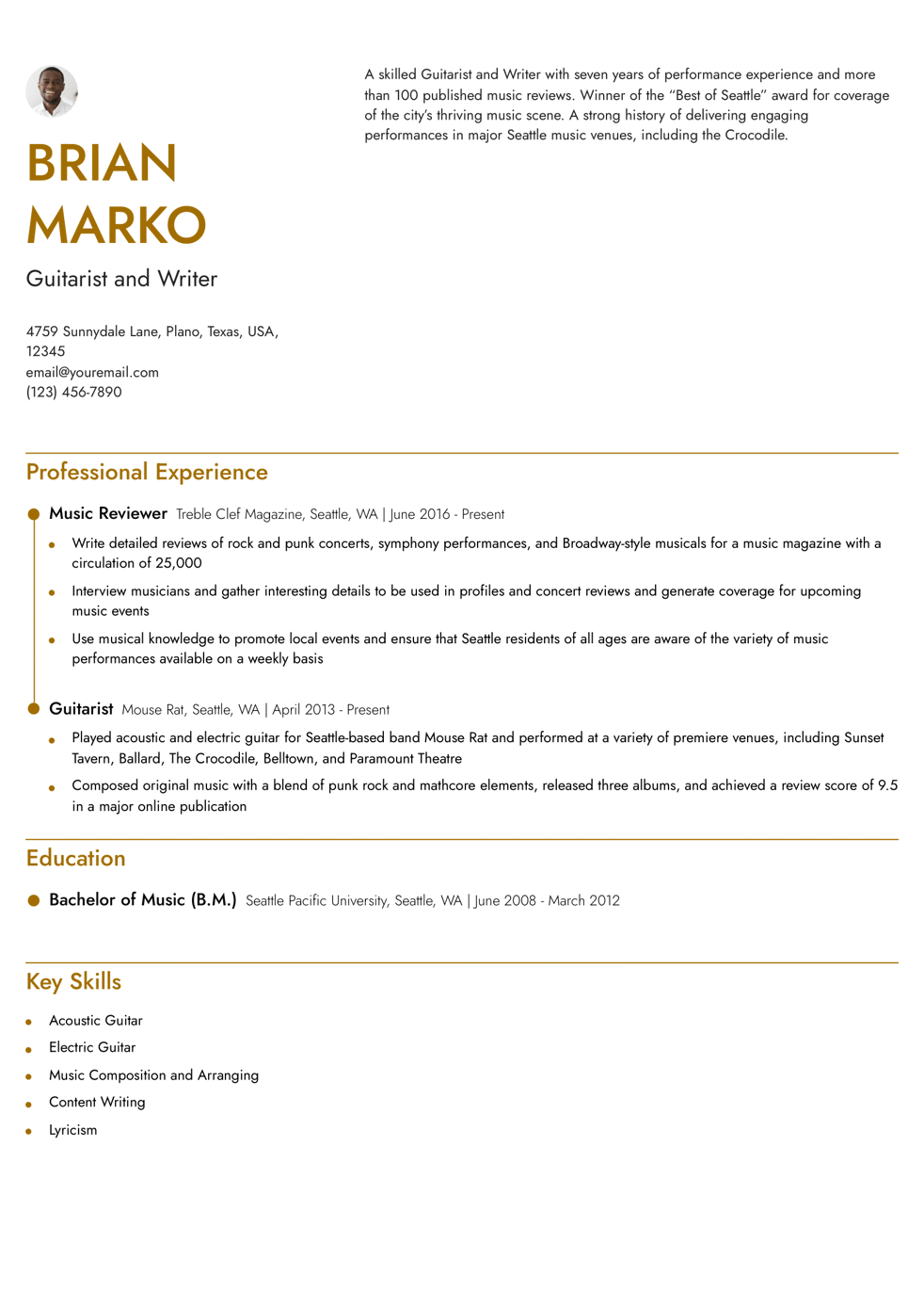 Music Resume Example