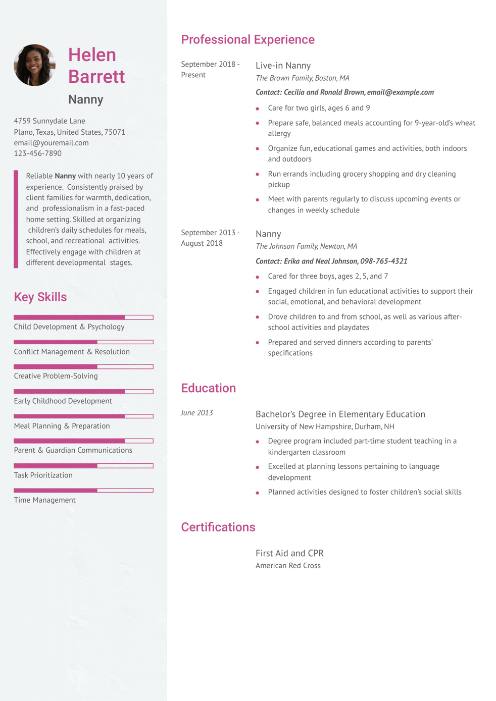 Nanny Resume Example