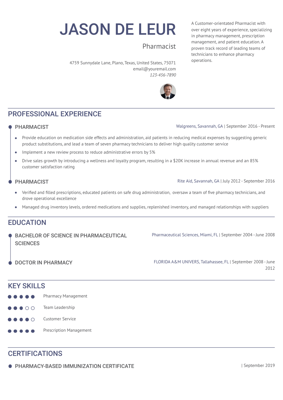 Pharmacist Resume Example