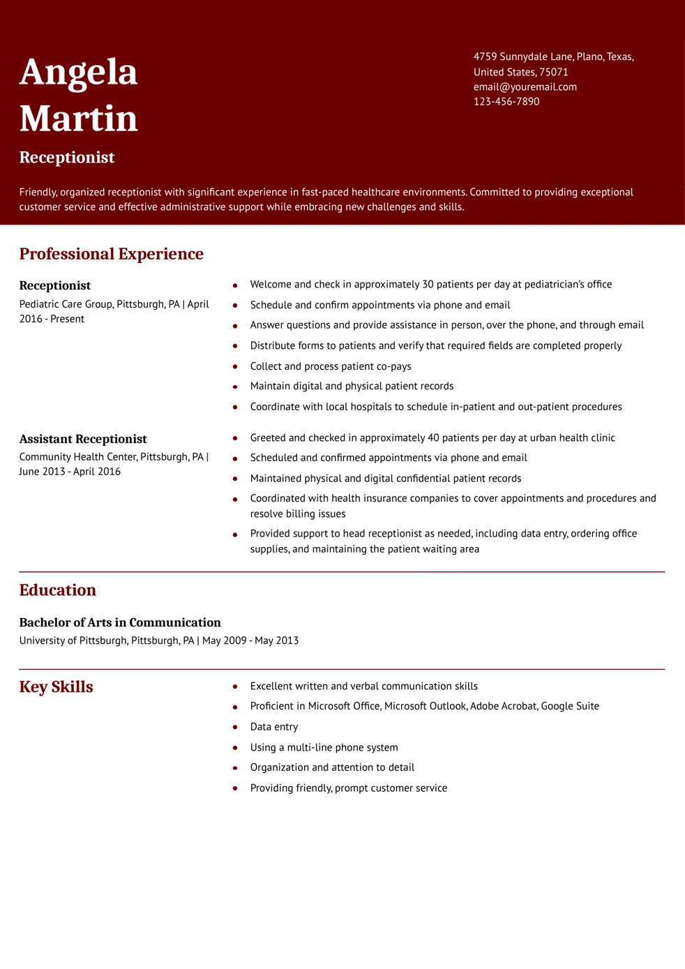 Receptionist Resume Example