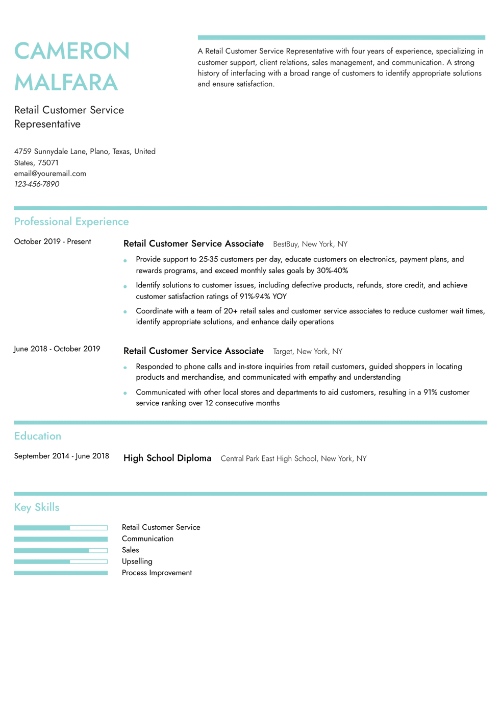 Retail Customer Service Representative Resume Example