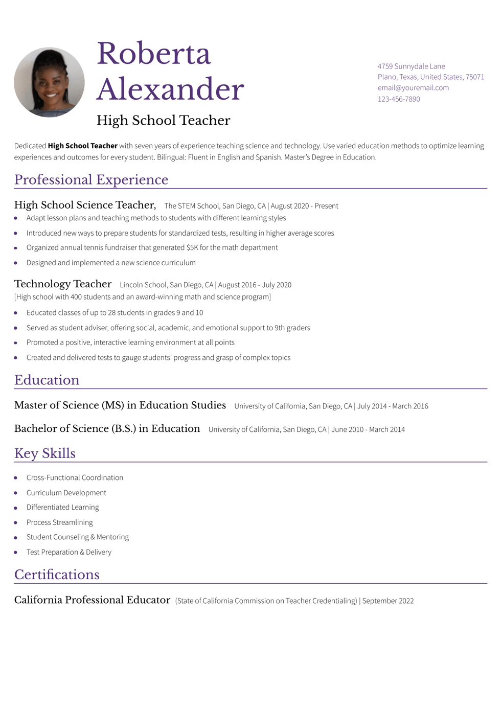 Teacher Resume Example